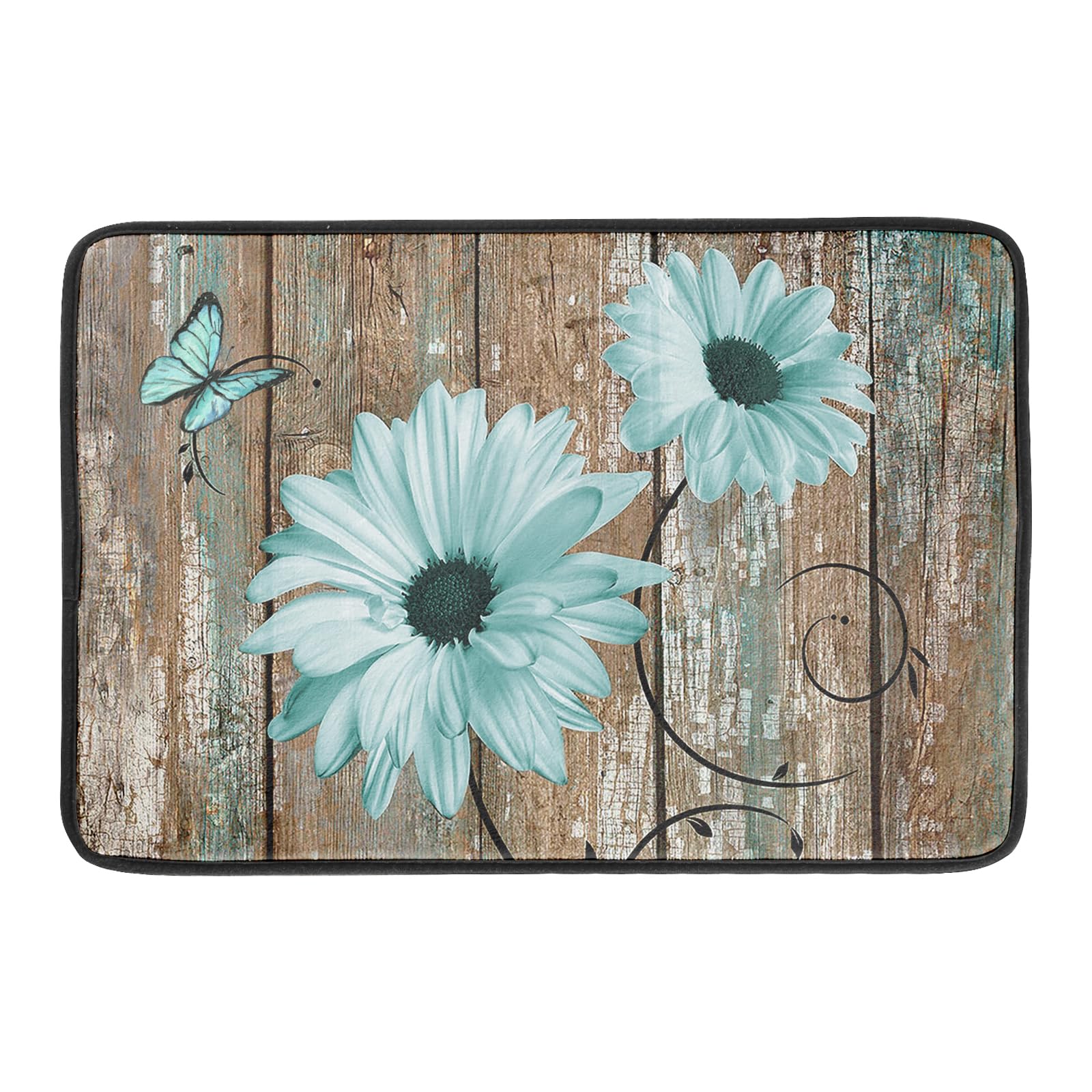 Giwawa Rustic Daisy Dish Drying Mat for Kitchen Countertop 18x24 inch Teal Sunflowers on Wooden Board Dish Drainer Mats Fast Drying Country Vintage