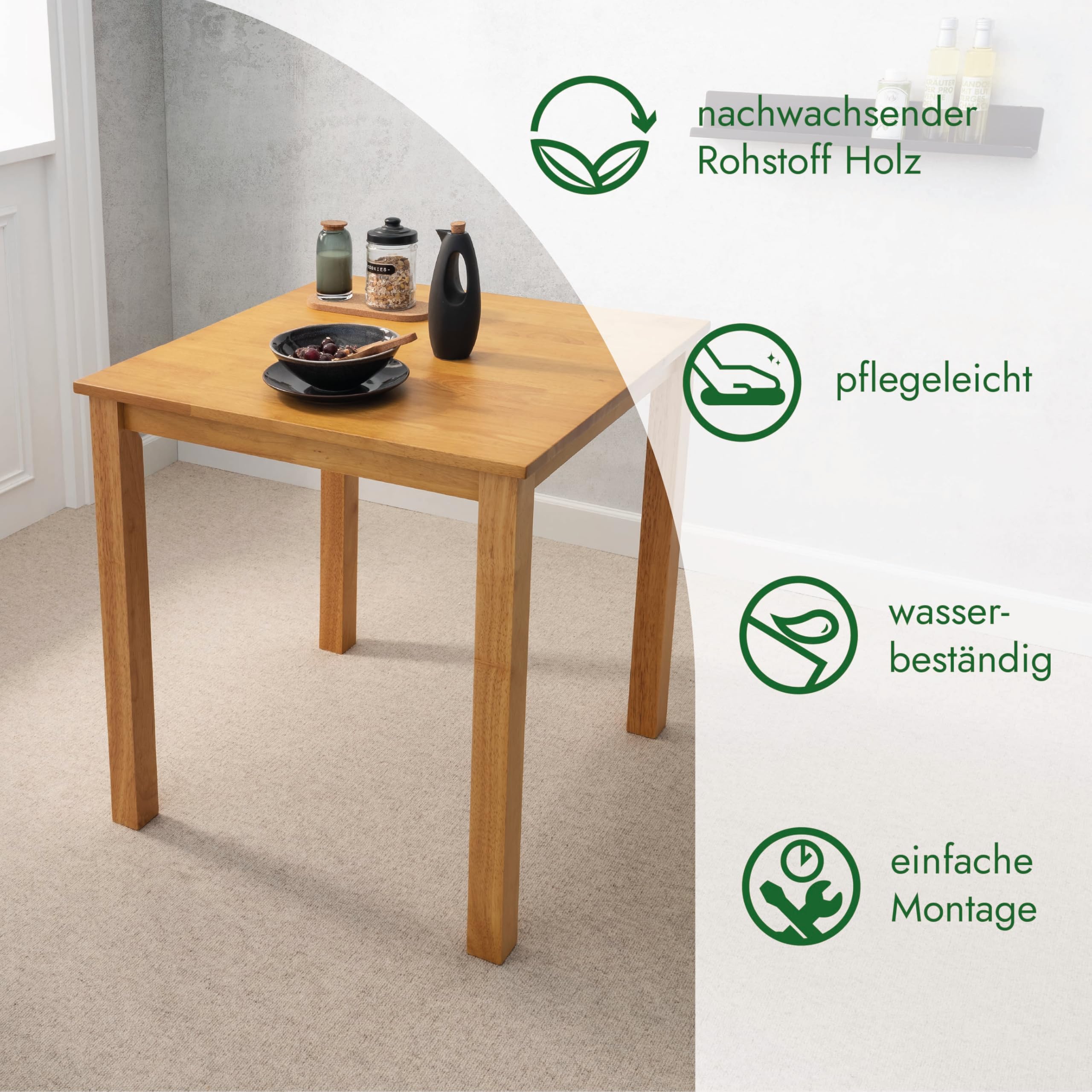 Woodroom Kota Esstisch aus Massivholz 70 x 70 cm, Eiche-Optik, kompakter Tisch für kleine Räume