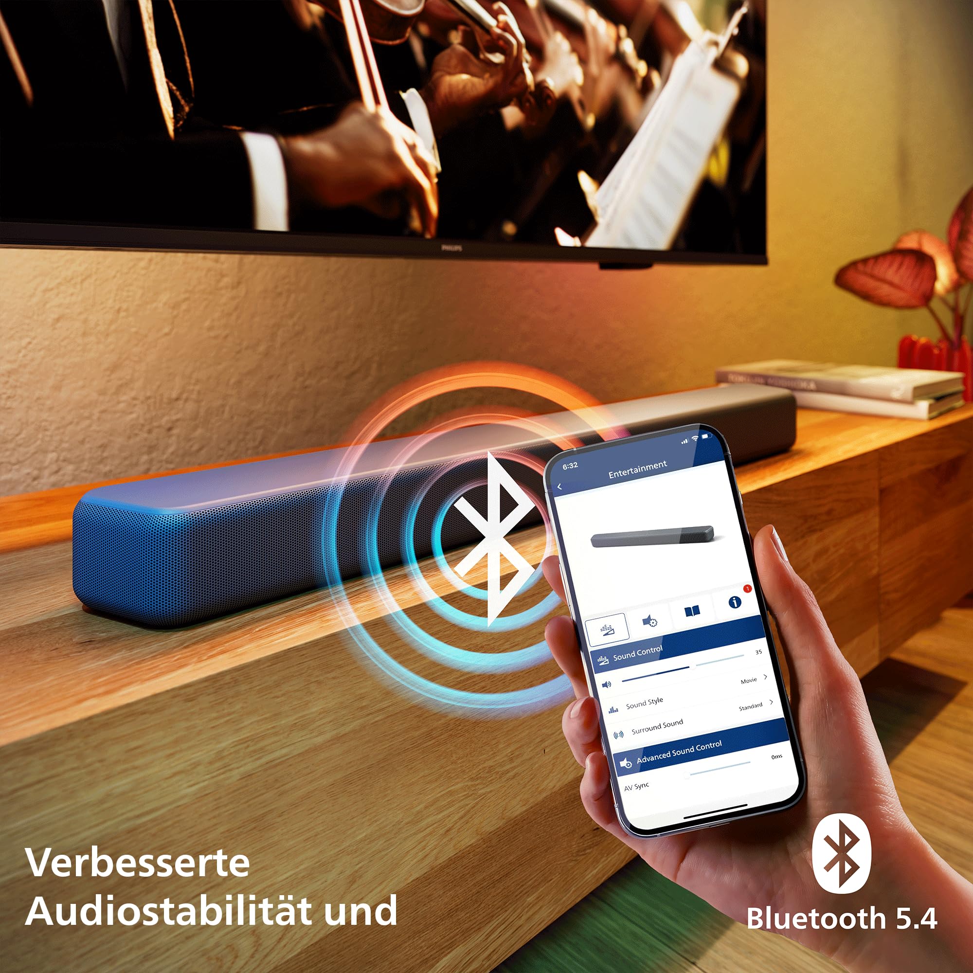 PHILIPS TAB5201 2.0-Soundbar; 160 W max. Ausgangsleistung, Dolby Digital Plus, DTS Virtual:X, Intellisound KI Audio, Bluetooth LE 5.4, HDMI ARC, optische & USB-Eingänge; Gunmetal