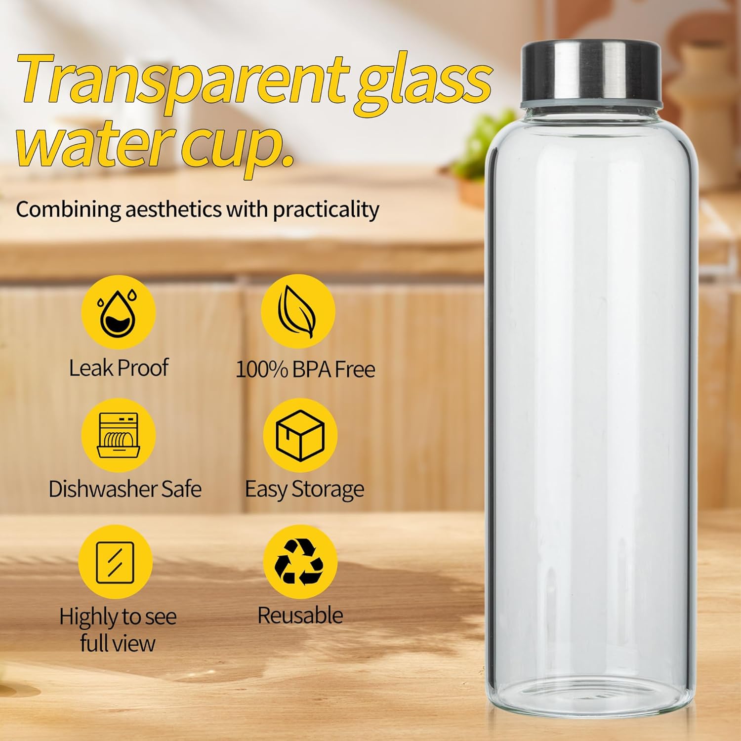 P&C GOODS Glass Juice Bottles with Lids Set of 8, Reusable Clear Glass Water Bottles 18oz with Stainless Steel Cap for Refrigerator, BPA Free and Leak Proof - Image 4