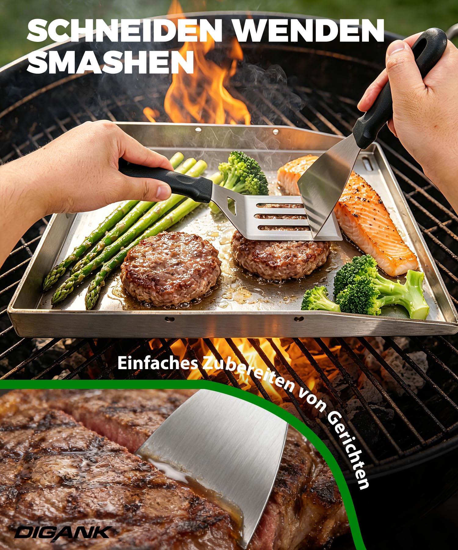 Edelstahl Plancha Grillplatte 40x30cm, 4mm Massiv plancha platte mit Grillzubehör,Grillspachteln Set, für Gasgrill und Holzkohlegrill