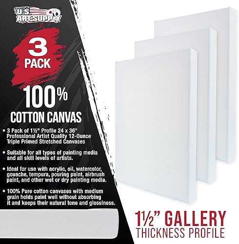 Miniatura 2 de U.S. Art Supply Lienzos estirados XL para pintar, 24 x 36 pulgadas, profundidad de galería, 1-1/2 pulgadas de grosor, paquete de 3 – 12 onzas de