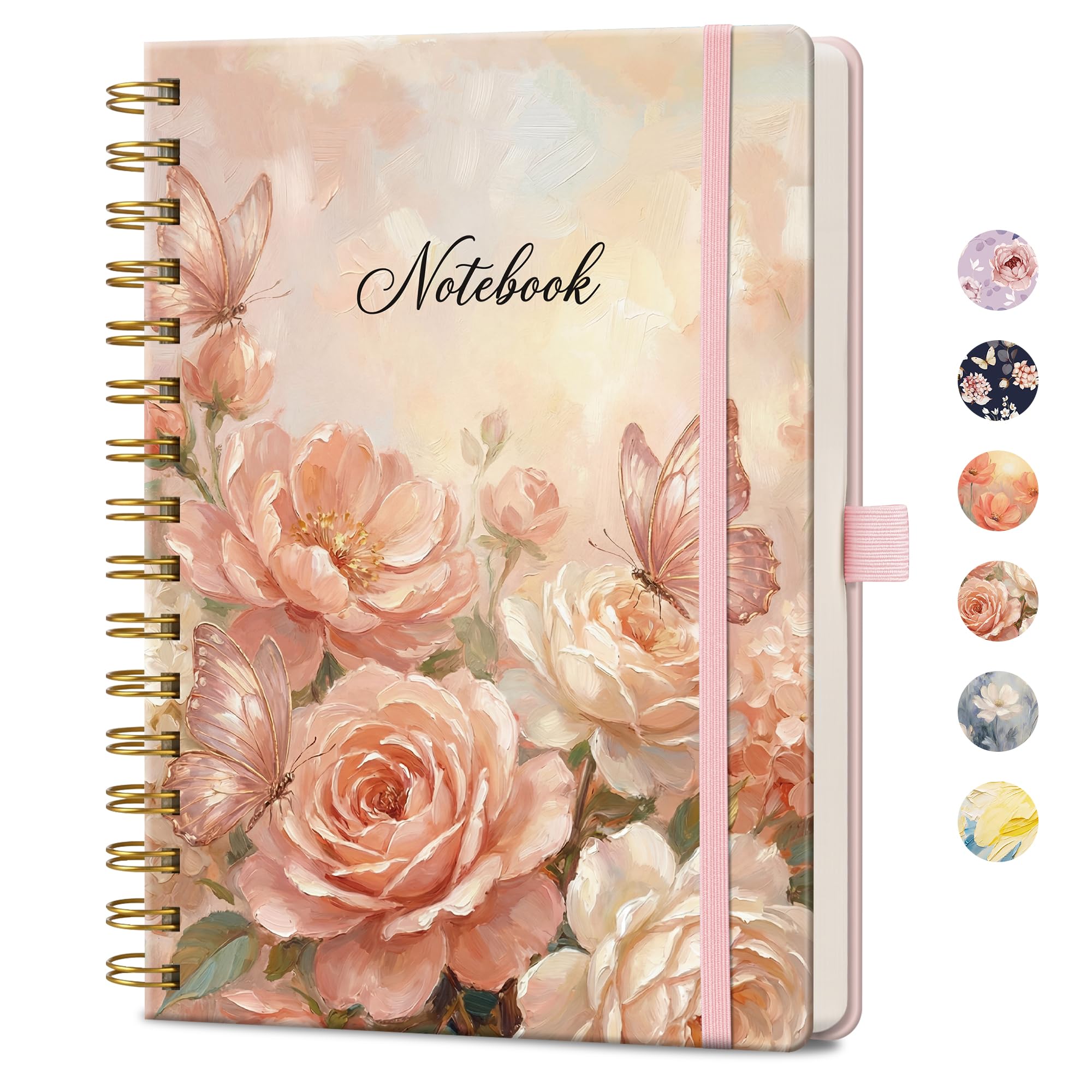 AUTEMPO A5 Spiral Notebook, 160 Lined Pages, Hardcover, Pink Rose Butterfly