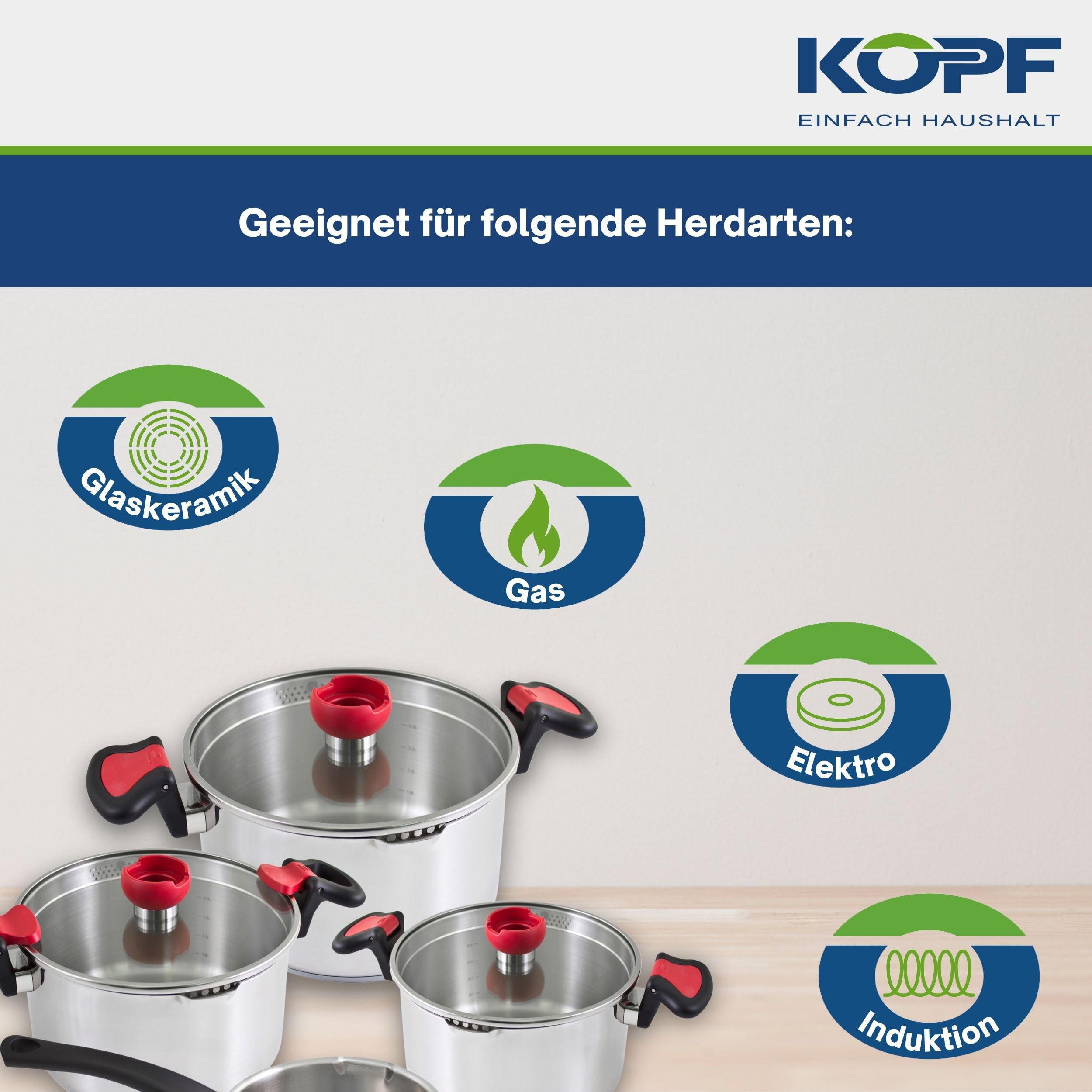Kopf Zestaw garnków Nelo ze stali nierdzewnej, zestaw garnków indukcyjnych z inteligentną pomocą do odcedzania, 3 x garnki ze szklaną pokrywką i 1 x rondel, 7-częściowy