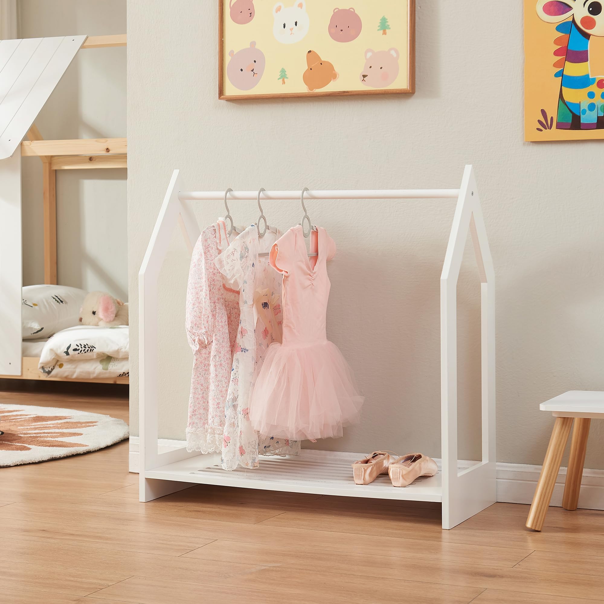 [en.casa] Stand Appendiabiti a Forma di Casetta Organizzatore Guardaroba per Cameretta con Barra e Piano di Appoggio Porta Abiti a Misura di Bimbi 78x75x35 cm Bianco