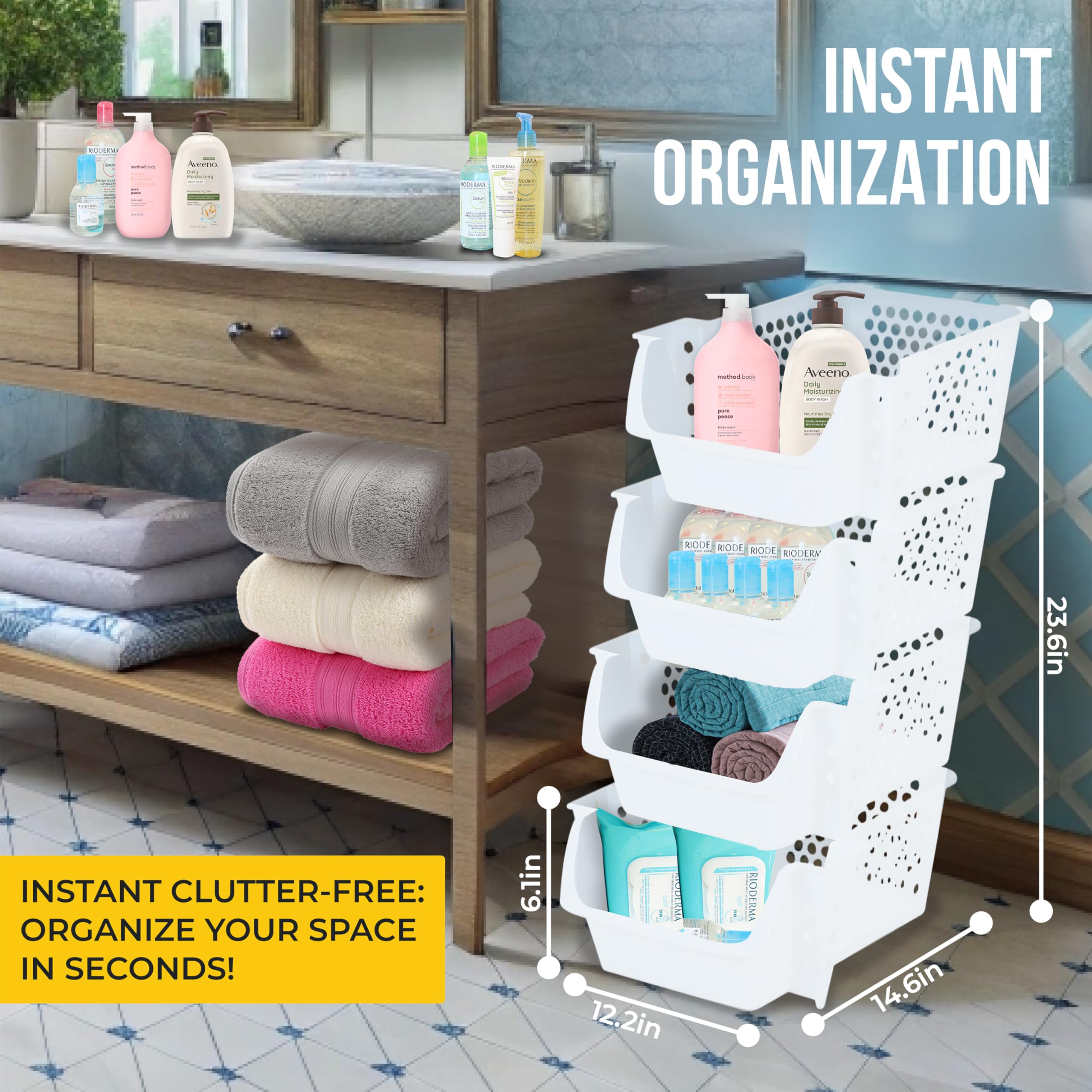 TidyFriend Stackable Storage Bins for Pantry, 4 Pack Stackable Bins For Organizing Food, Kitchen, and Bathroom Essentials (White)