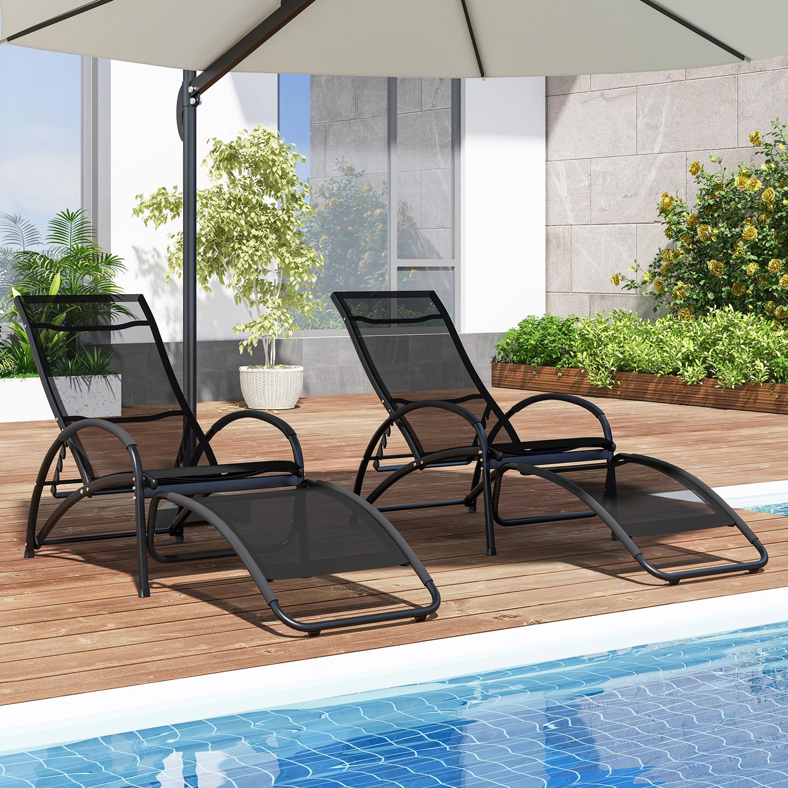 COSTWAY Sedia a Dondolo 2 in 1 da Giardino, Lettino Prendisole Convertibile con Schienale Regolabile a 4 Posizioni, Braccioli Curvi e Telaio in Alluminio, per Patio e Piscina, Portata 150 kg (Nero)