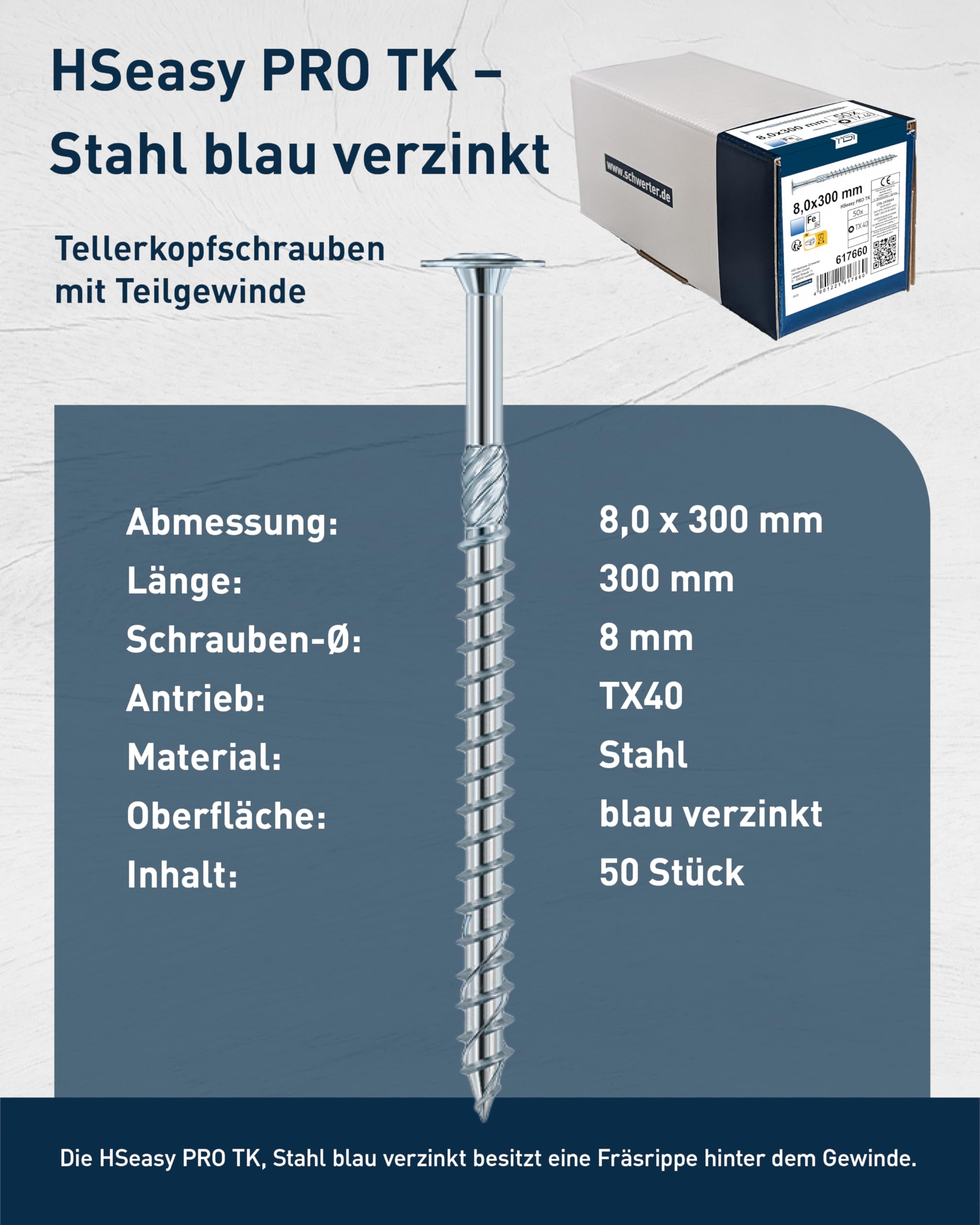 HSI HSeasy PRO TK TX40 Holzbauschrauben 8x300 mm 50 Stk. - TORX Schrauben robust & blau verzinkt, Tellerkopfschrauben für stabile Holzverbindungen