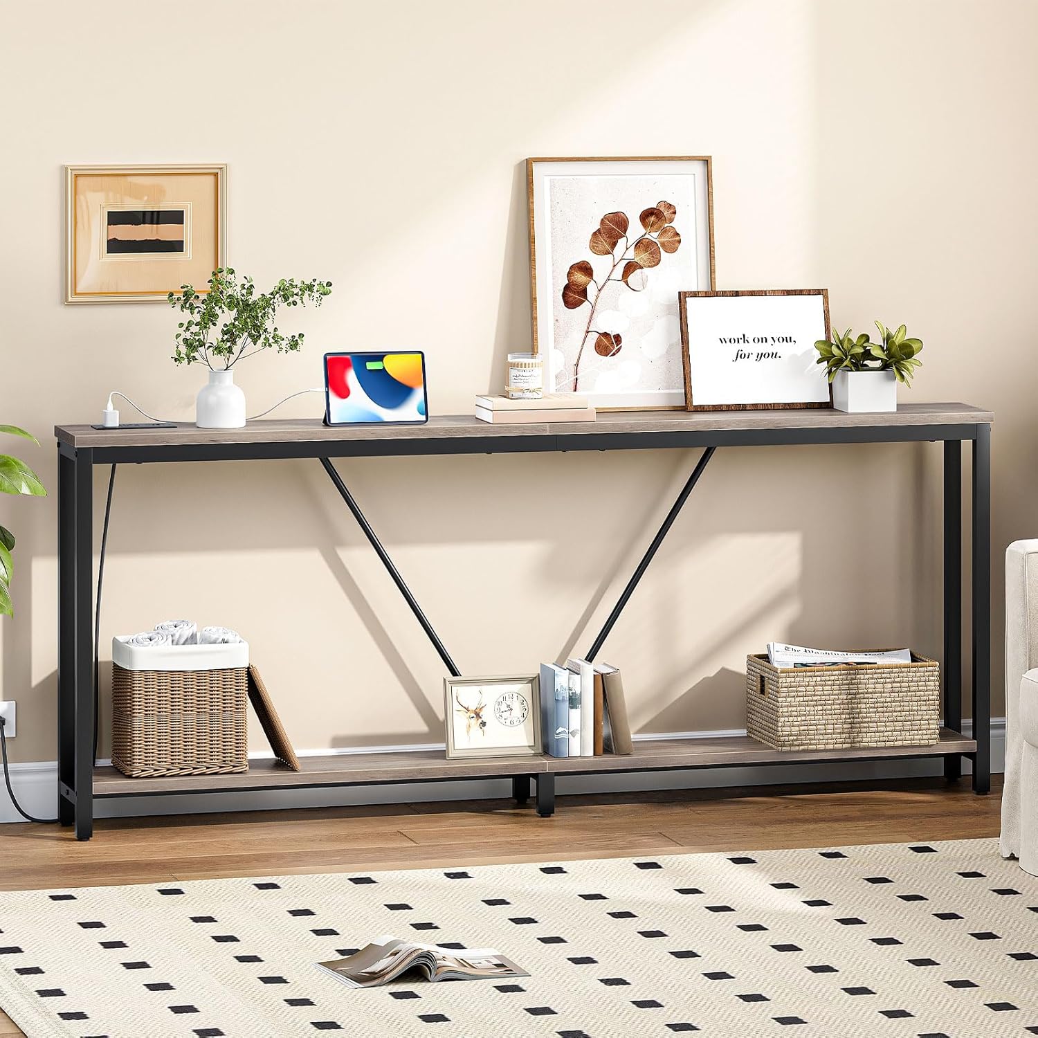 HOOBRO 78.7" Extra Long Sofa Console Table with Charging Station, 2-Tier Behind Couch Table with V-Brace, for Narrow Entryway, Hallway, Living Room, Greige BG206UXG01