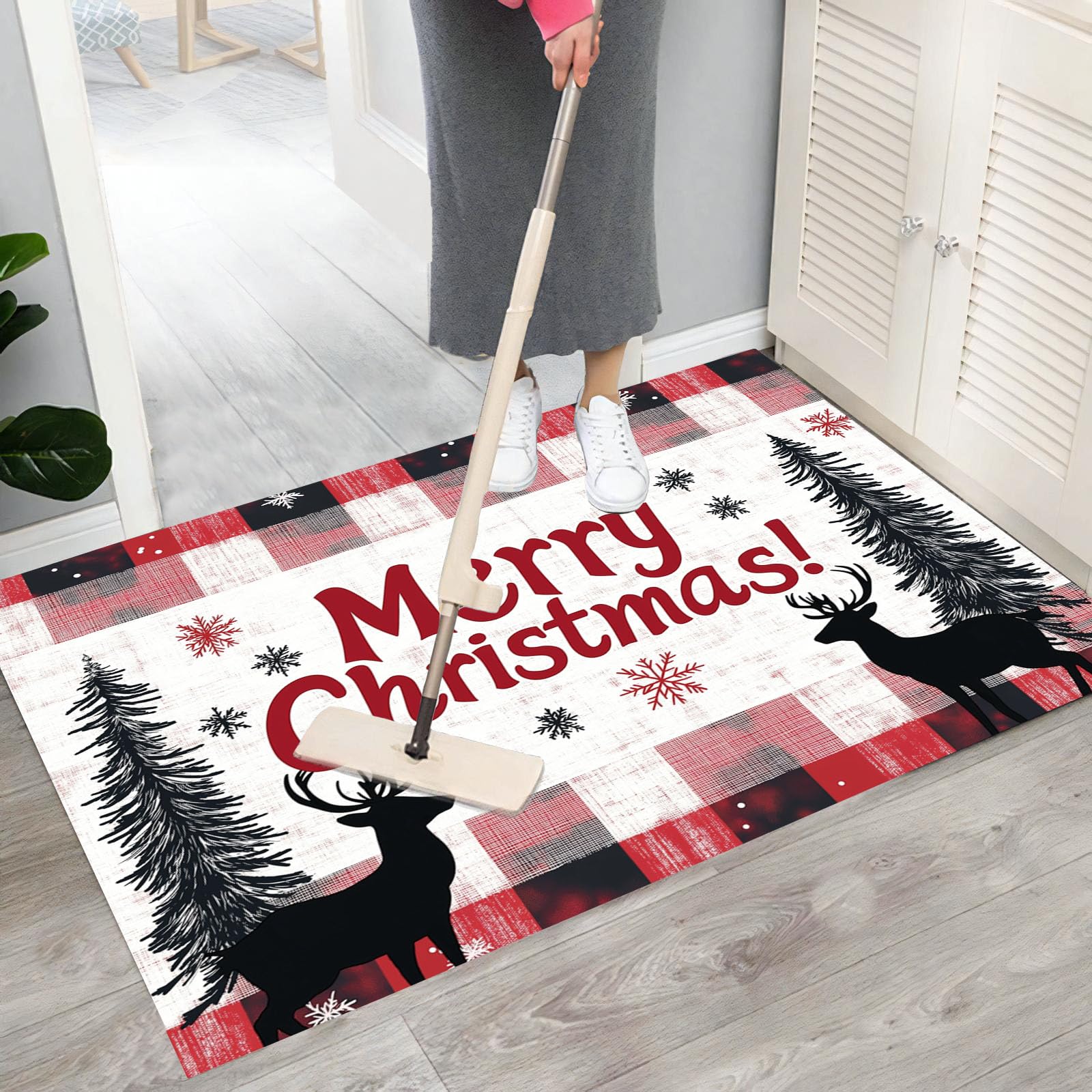 Felpudos De Navideño, 90X150Cm Antideslizante Alfombra De Cuadros Navideños De Búfalo, Alfombra De Puerta Entrada para Bosque De Renos, Felpudos De Bienvenida De Rojo Y Negro para Interiores