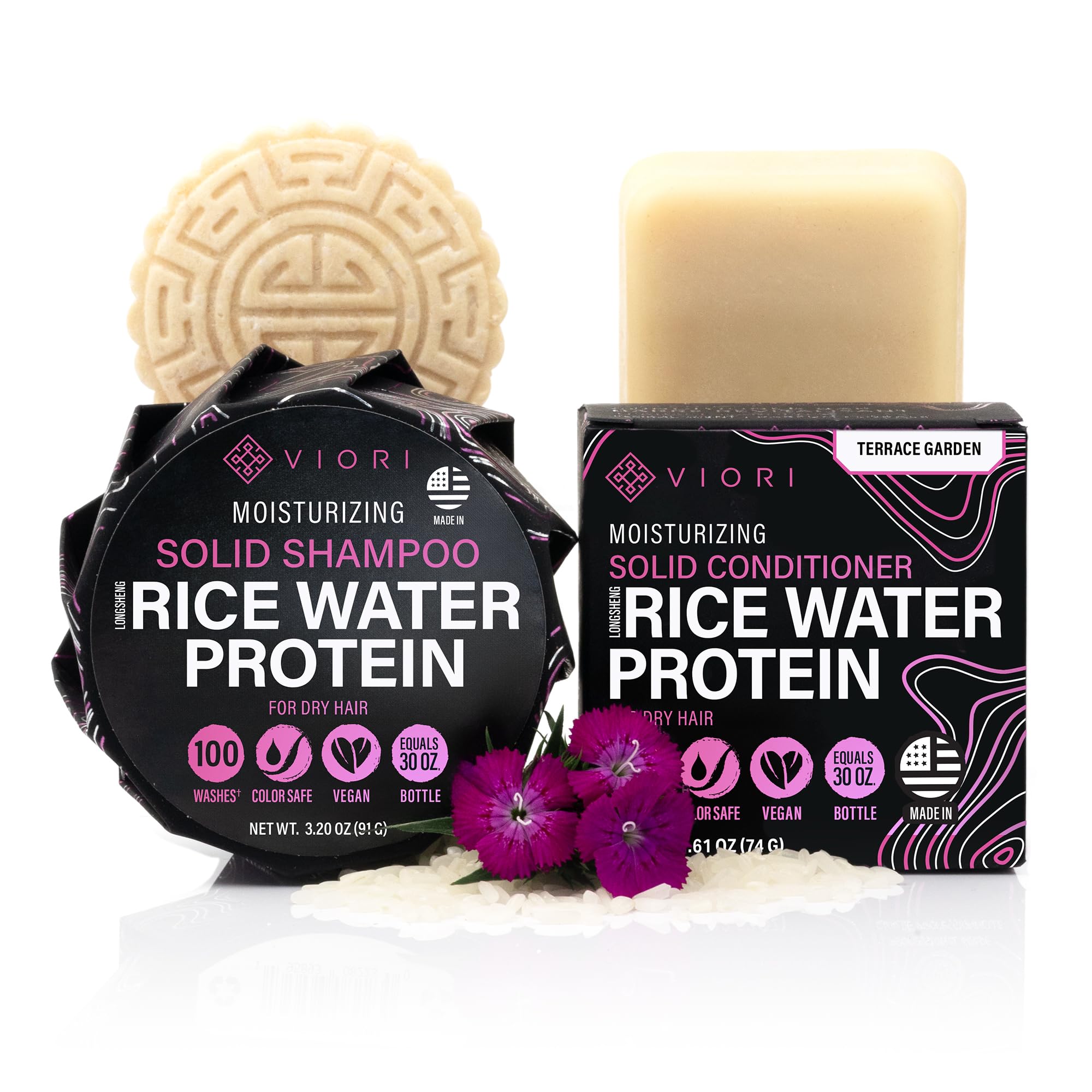 Terrace Garden Shampoo and Conditioner Bar Set Made with Rice Water - Handcrafted Sulfate Free Shampoo and Conditioner