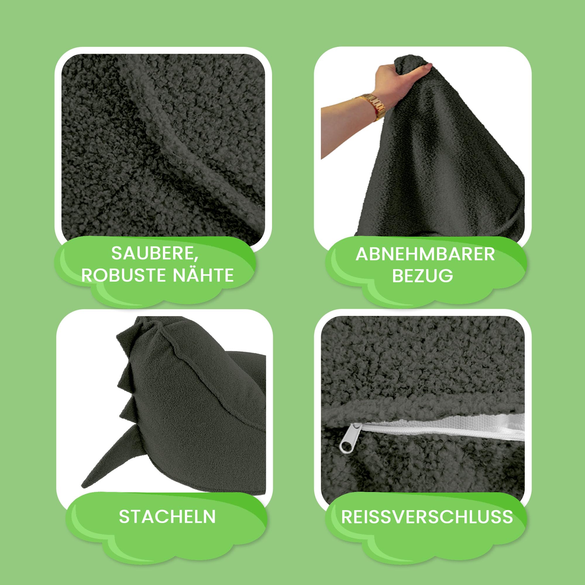 DreamRoots Sitzsack Kinder Dino Form - Kindersessel 315 g/m² Weicher Bouclé Oeko-TEX mit Schaumstoffflocken - Sessel Kinderzimmer, Waschbarer Bezug, Dunkelgrün