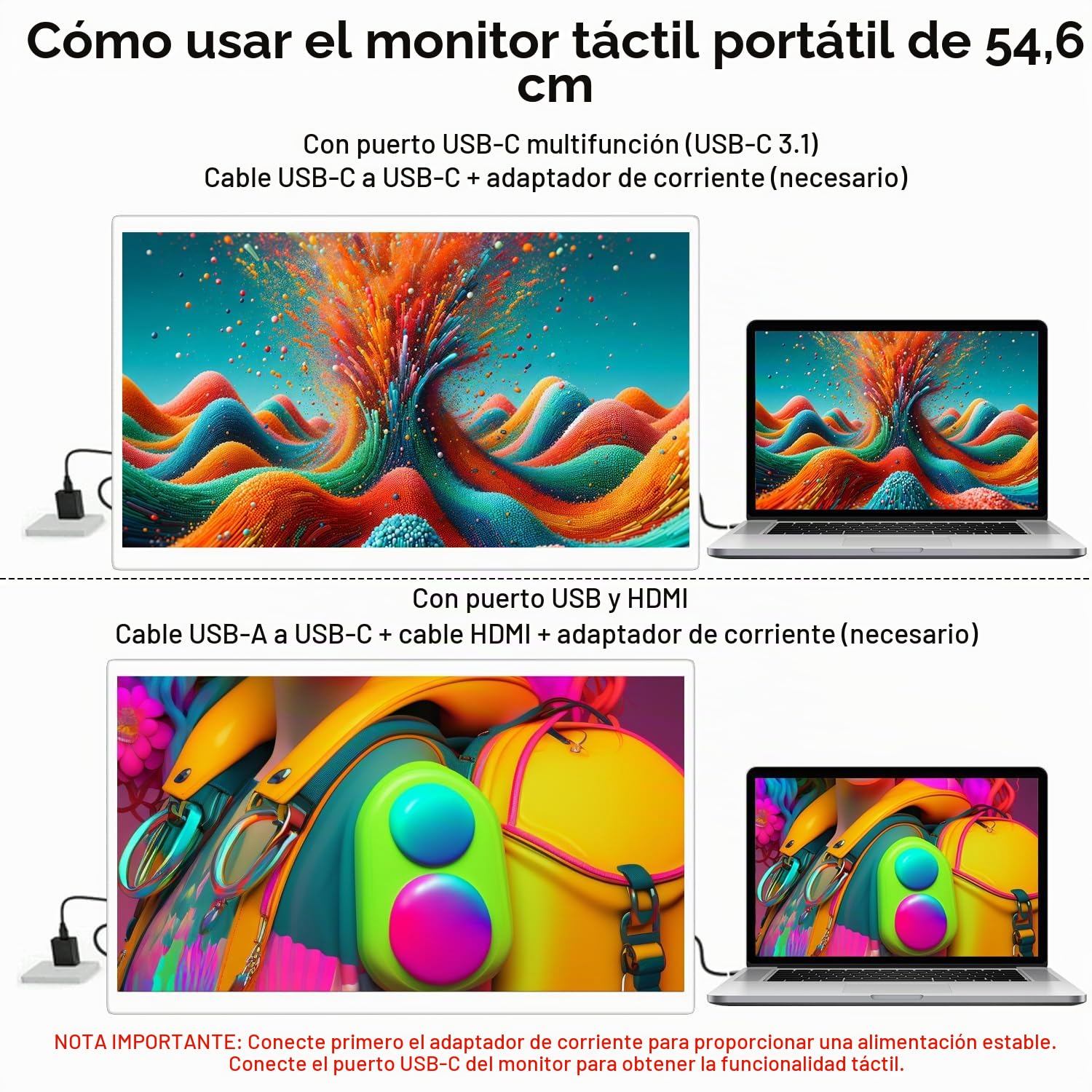 Monitor Táctil, 21.5 Pulgadas Pantalla Portátil 1080p con Soporte VESA