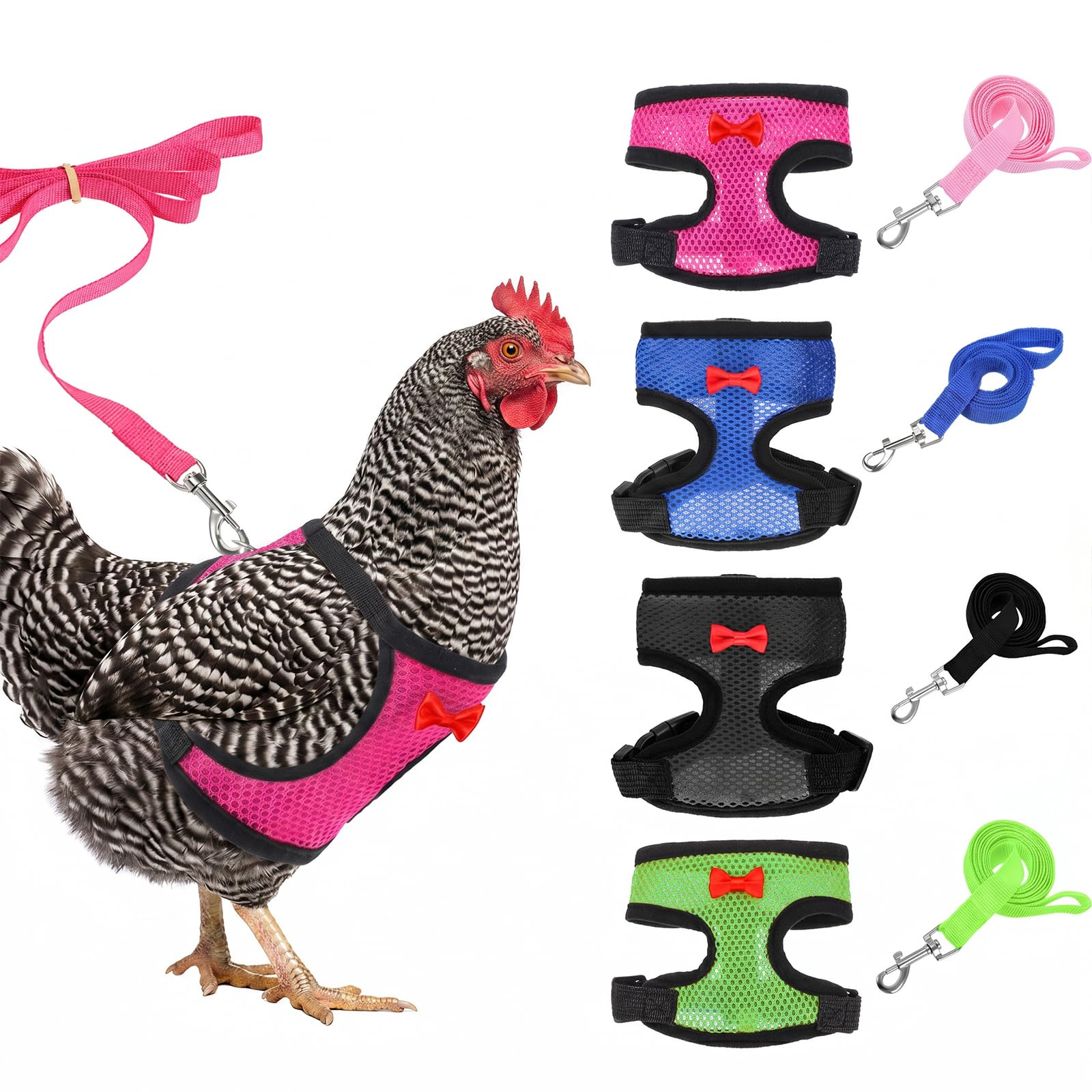 4Pcs Adjustable Chicken Harness with Leash, Comfortable Mesh Elastic Hen Vest Breathable Upgraded Easy to wear Hen Vest for 1.2-1.9lb Chicken, Duck, Goose, Small Pet Training Walking Supplies