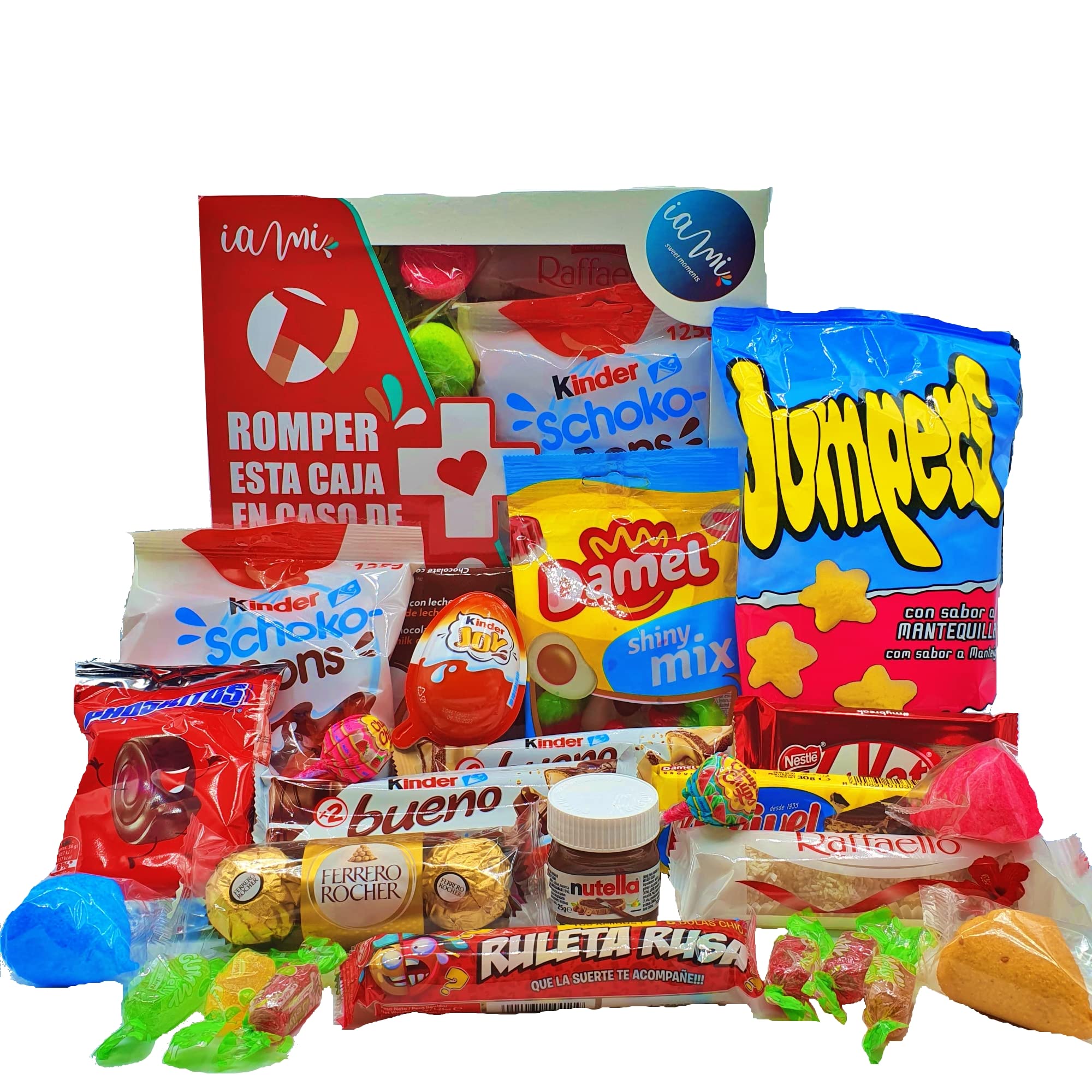 Caja Regalo Chocolates Kinder - Chuches - Jumper - Ferrero. KIT EMERGENCIA. +50 Unidades. Regalo Original de Chuches y Chocolatinas. Edicion Kit de Emergencia. [IAMI]
