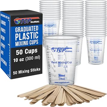 TCP Global 10 oz. 300ml Graduated Plastic Mixing Cups - Box of 50 with 50 Mixing Sticks - Disposable Plastic Measuring Cups for Liquids, Paints, Resin, Epoxy, Art, Kitchen - Ratios 2-1, 3-1, 4-1 ML