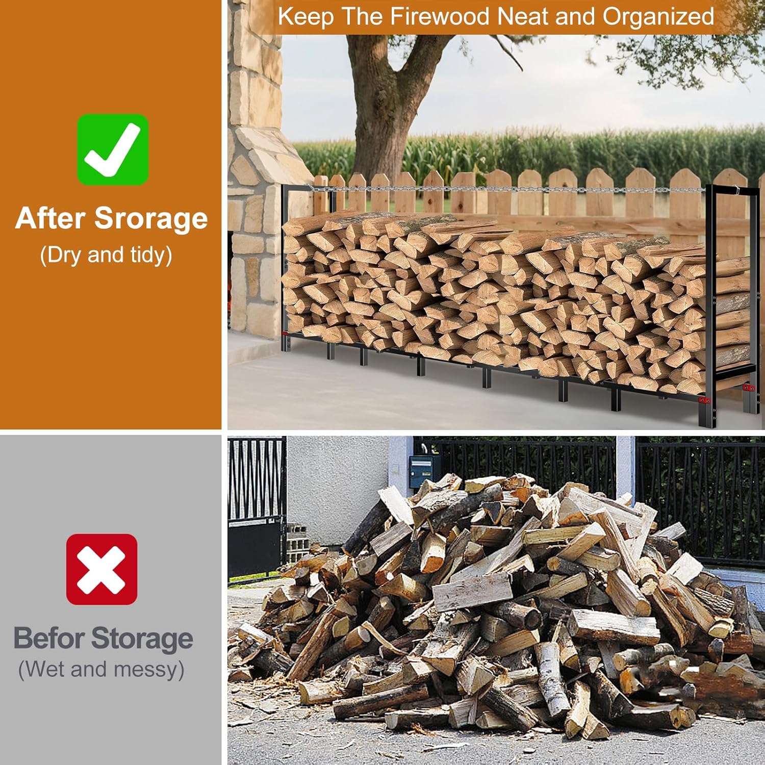 8FT Firewood Rack Outdoor, Firewood Log Rack Holder with Reinforced Chain Bumper for Fireplace Wood Storage, Heavy Duty Metal Pile Log Stand Stacker Holder for Indoor Outdoor Patio