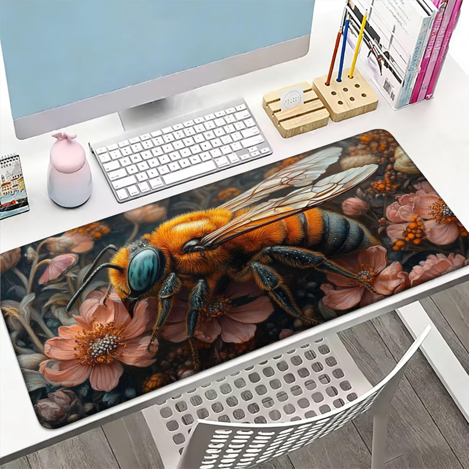 Podkładka pod mysz XXL 1000 x 500 x 3 mm, różowa podkładka pod mysz, duża podkładka pod mysz z pszczołą z wodoodporną i antypoślizgową, zmywalna mata na biurko do gier, akcesoria biurowe, prezenty dla