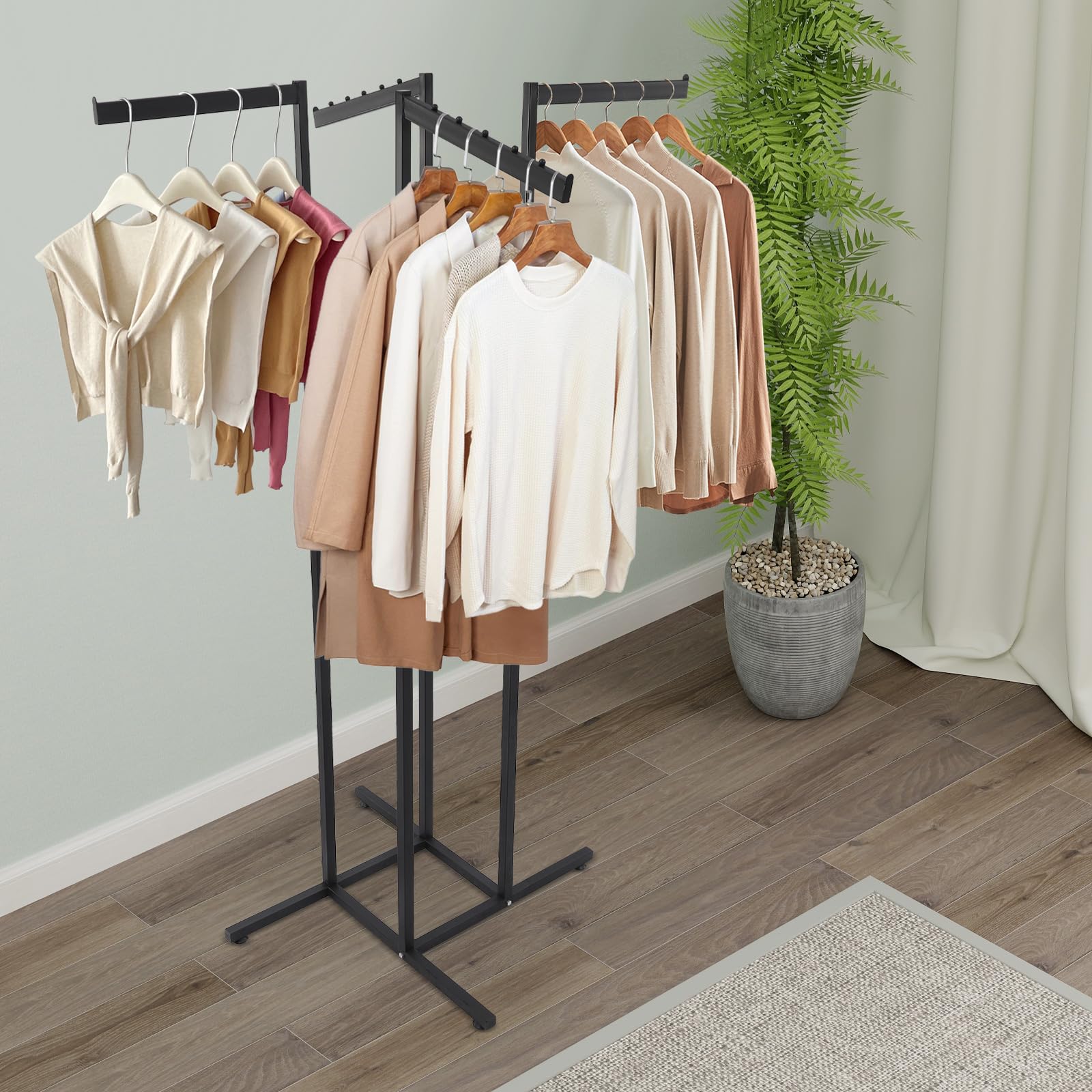 ZeStarDair 4 Way Clothing Display Rack with Straight Arms 4 Way Adjustable Clothing Rack with Slanted Arms Retail Clothing Rack Heavy Duty 4 Way Clothing Rack 4 Way Rack for Clothing Stores (Black)