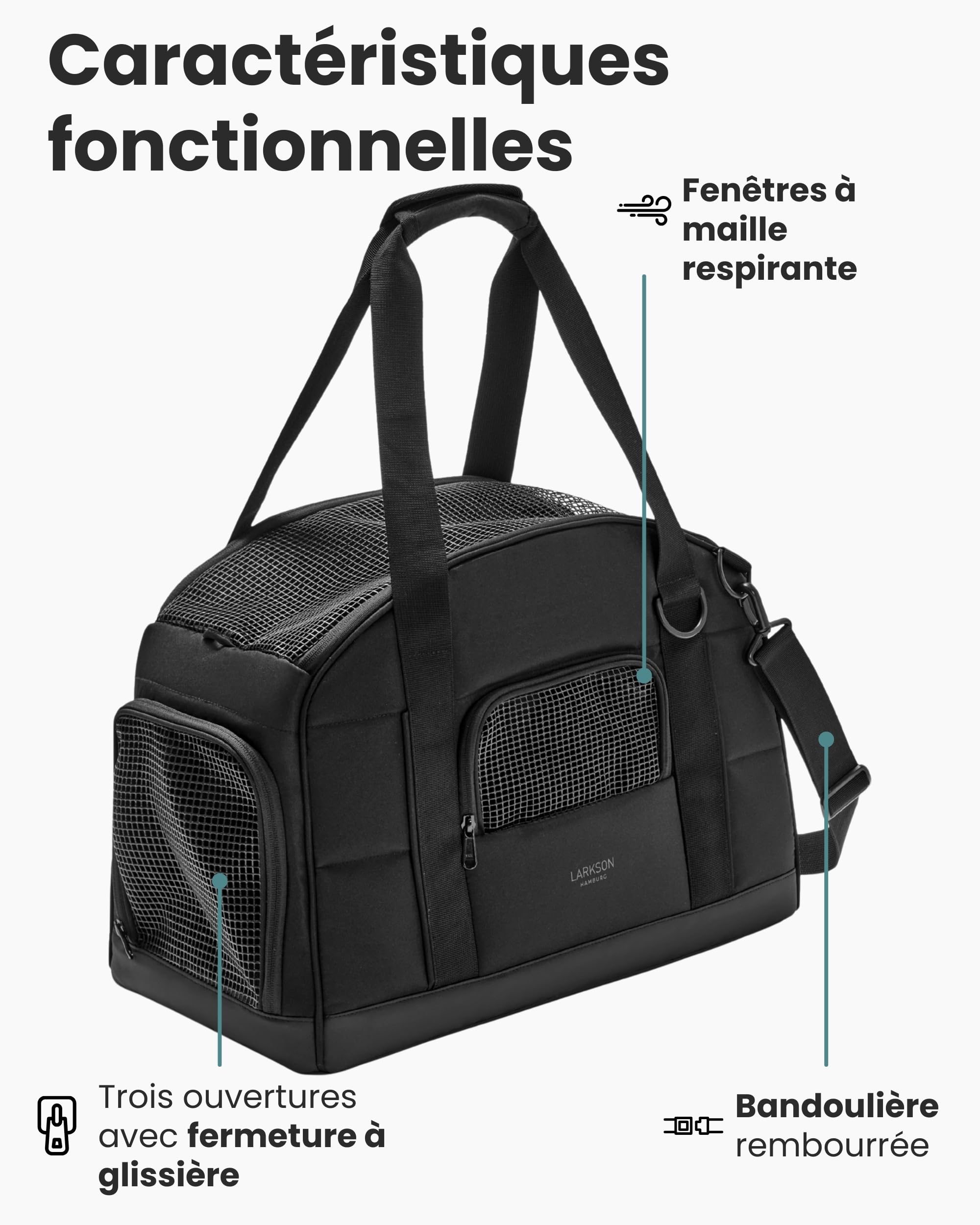 Larkson Sac de Transport pour Petits Chiens jusqu'à 12kg Noir - Tjark - Cage de Transport pour Avion - Sac pour Voyager avec Chien & Chat - Conforme aux Normes de la Plupart des Compagnies Aériennes