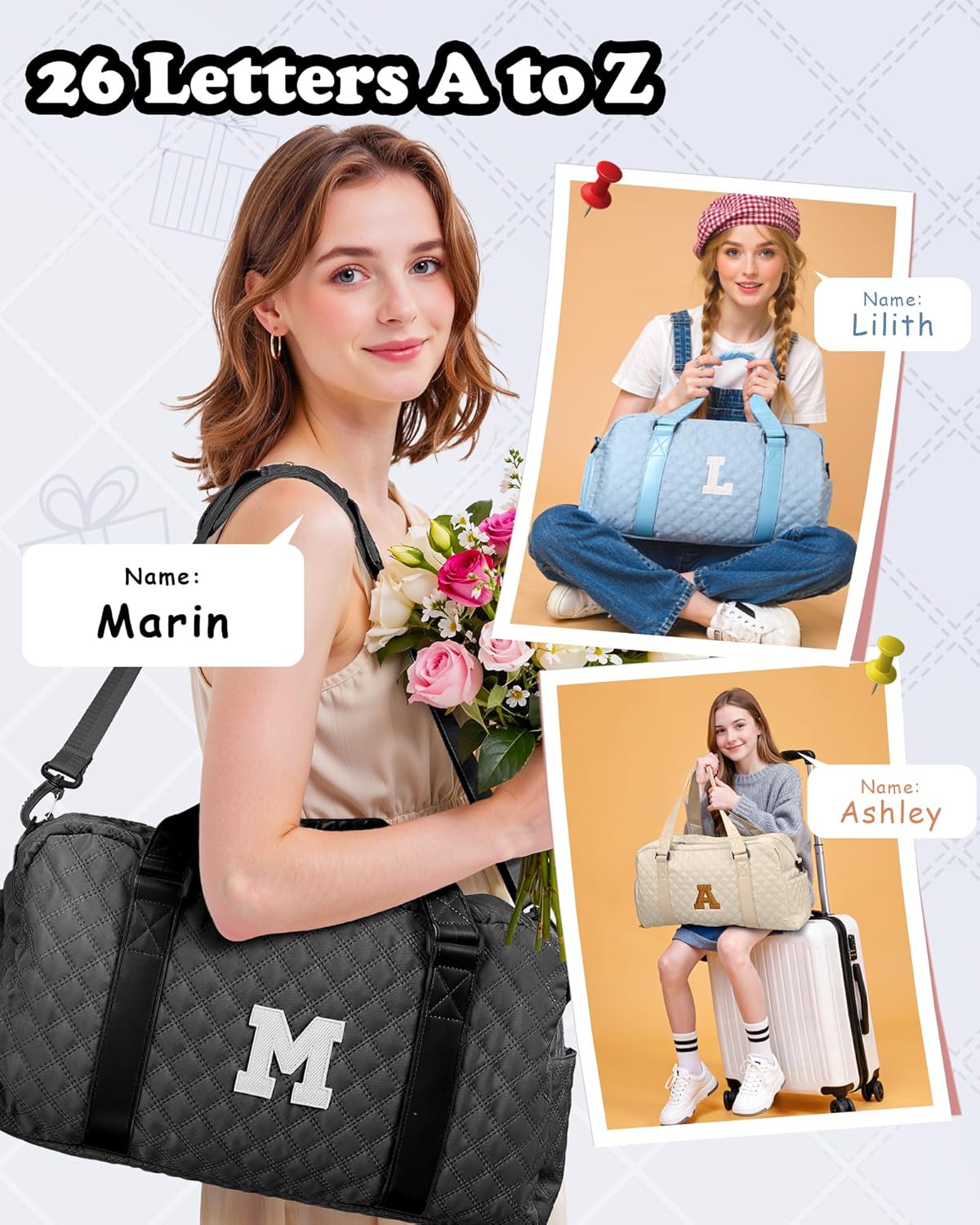 Duffle Bag Girls, Weekender Bags for Women, Personalized Gym bag for Girls, Monogram Duffel bags, Birthday Gift for Kids, Teens, Women, Mom, Teacher - Image 3