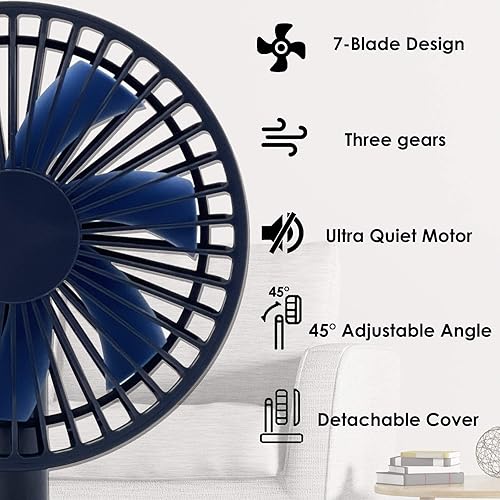 Miniatura 3 de KELLYMOON Ventilador de mesa USB con 3 velocidades de viento, flujo de aire fuerte, ángulo ajustable, batería recargable, ultra silencioso, mini