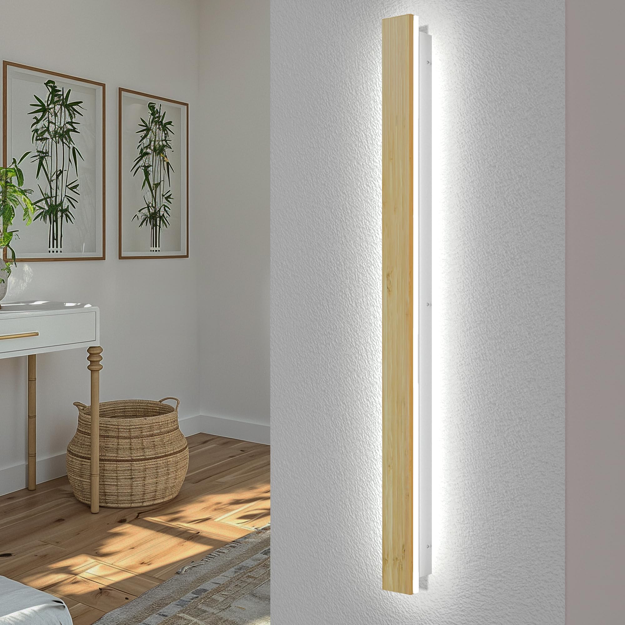 Lámpara de pared LED de madera para interiores Regulable con control remoto Aplique larga hecha de bambú Lámparas de 41W Iluminación de pared de madera para dormitorio,sala de estar,pasillo, 115cm