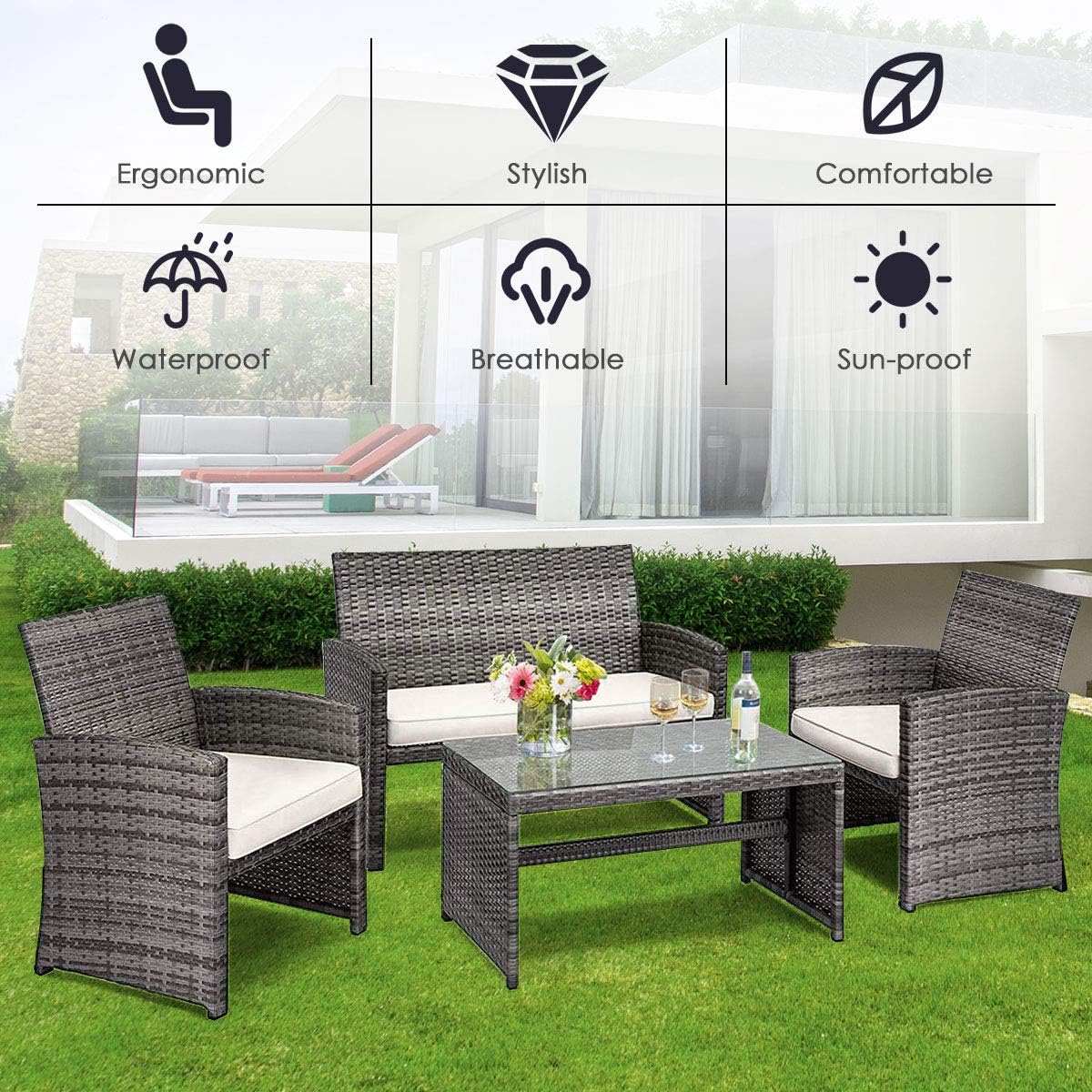 Tangkula 8-PCS Wicker Patio Conversation Set, Outdoor Rattan Sofas with Table Set, Patio Furniture Set with Soft Cushions & Tempered Glass Coffee Table for Poolside Courtyard Balcony