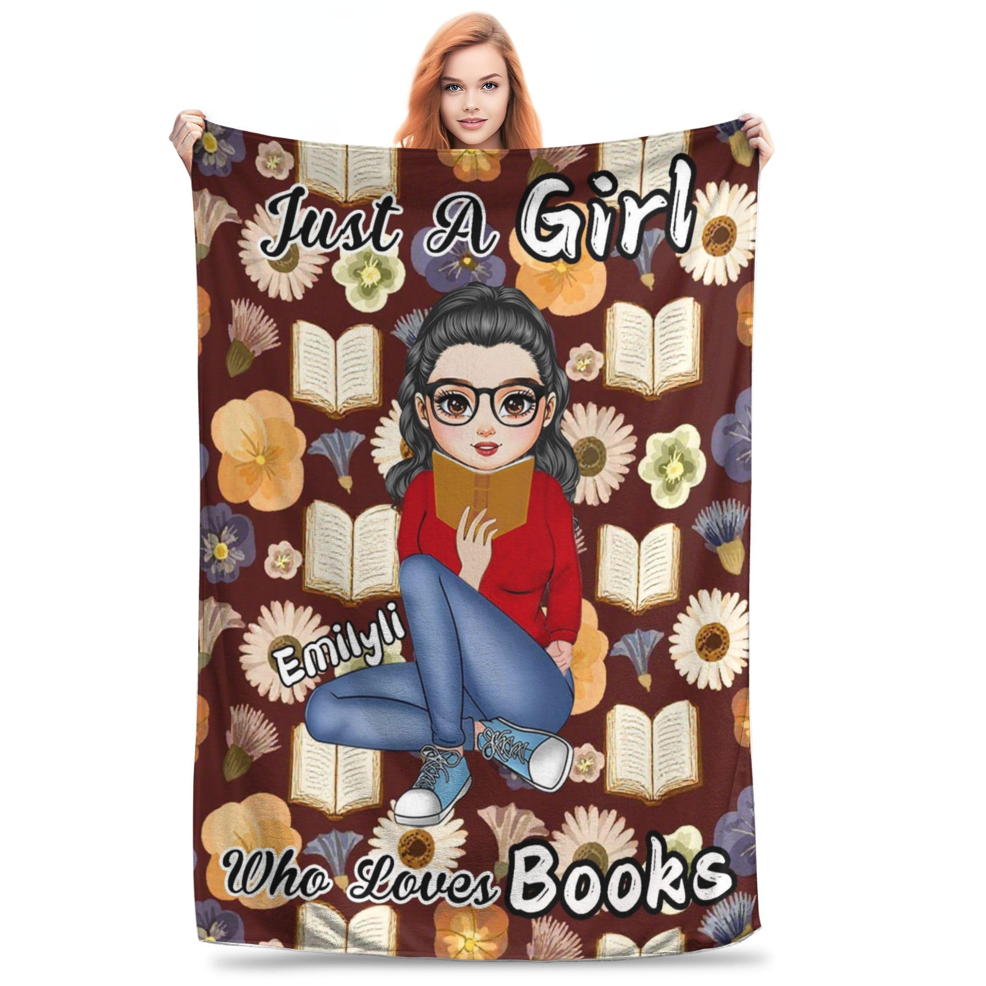 MYZQIFF Custom Name Just A Girl Who Loves Book Reading Throw Blanket, Personalized My Reading Book Wearable Hooded Blanket, Books Lovers Gifts for Read Bookish, Bookworm Literary Gift