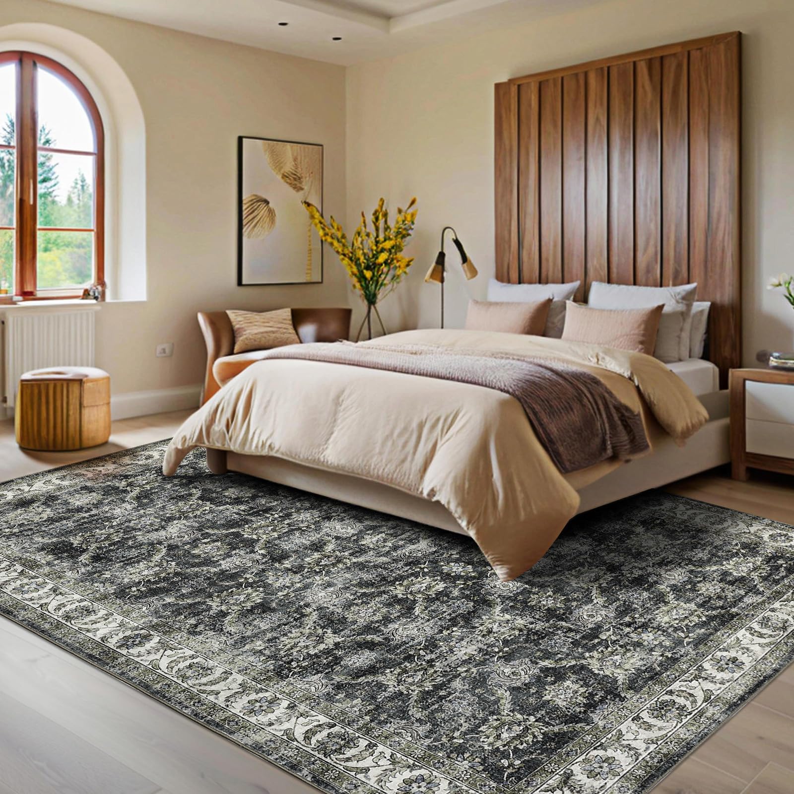 Garvee Tapis Oriental Vintage Lavable et antidérapant – Faible épaisseur, Motif Floral Gris, Doux – pour Salon, Chambre, Salle à Manger ou Bureau – 240x340cm, Couleur Ash, expédié d'Allemagne