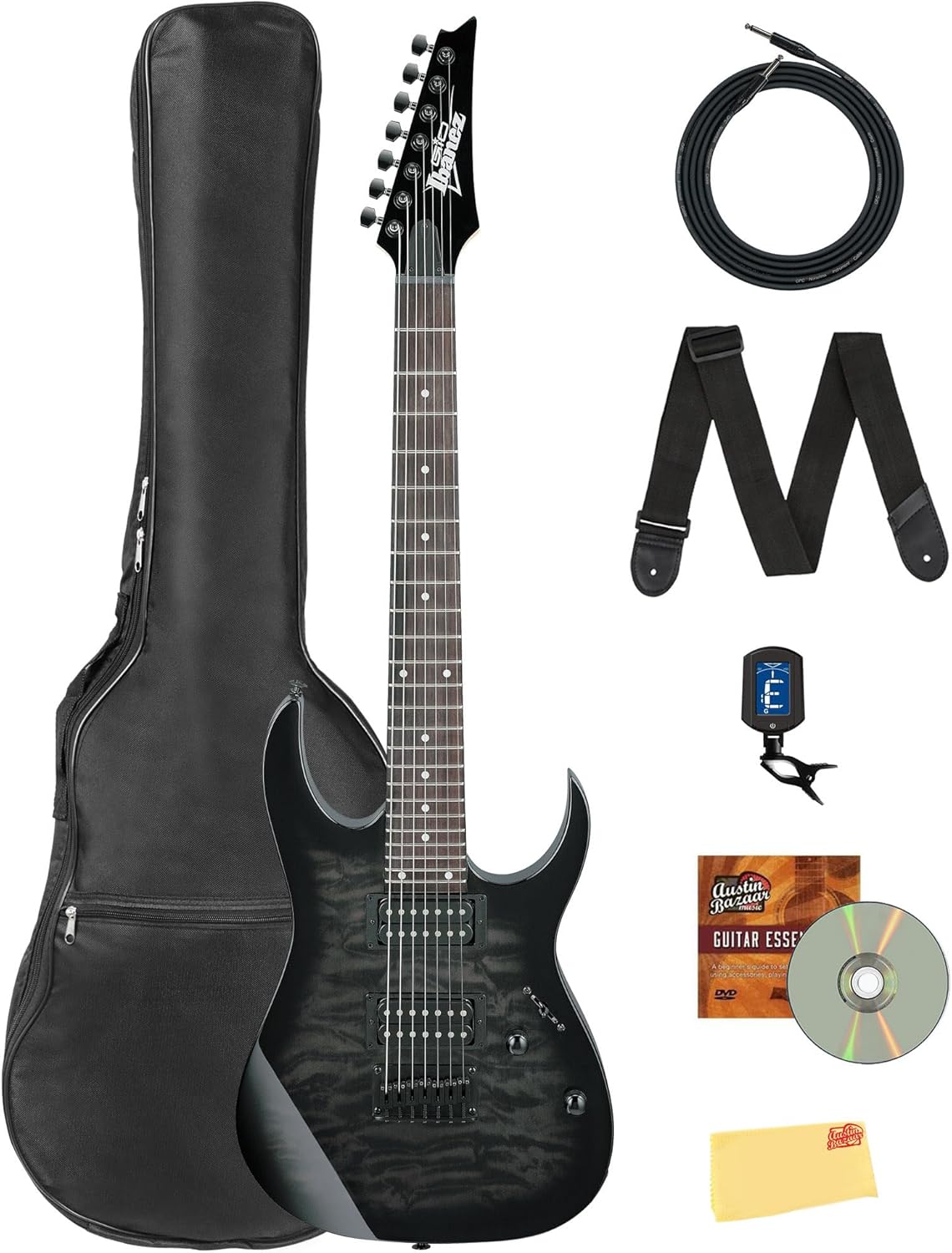 Ibanez GRG7221QA RG Gio 7-String Electric Guitar - Transparent Black Sunburst Bundle with Gig Bag, Tuner, Strap, Instrument Cable, Austin Bazaar Instructional DVD, and Polishing Cloth