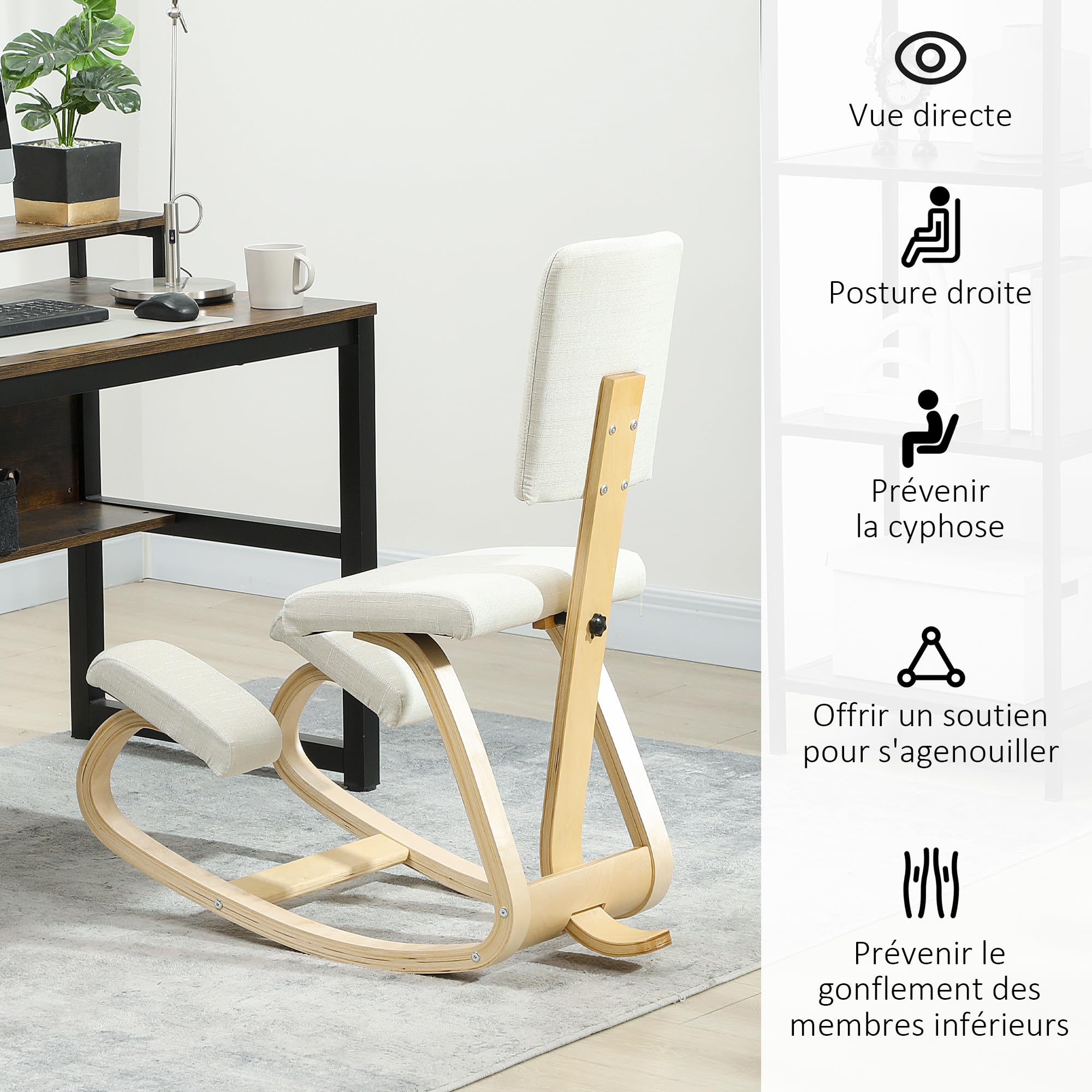 HOMCOM Ergonomiczne krzesło do kolan z oparciem, siedzisko na kolanach, ergonomiczny drewniany taboret, ortopedyczny taboret, korektor postawy, łagodzący ból pleców, krem