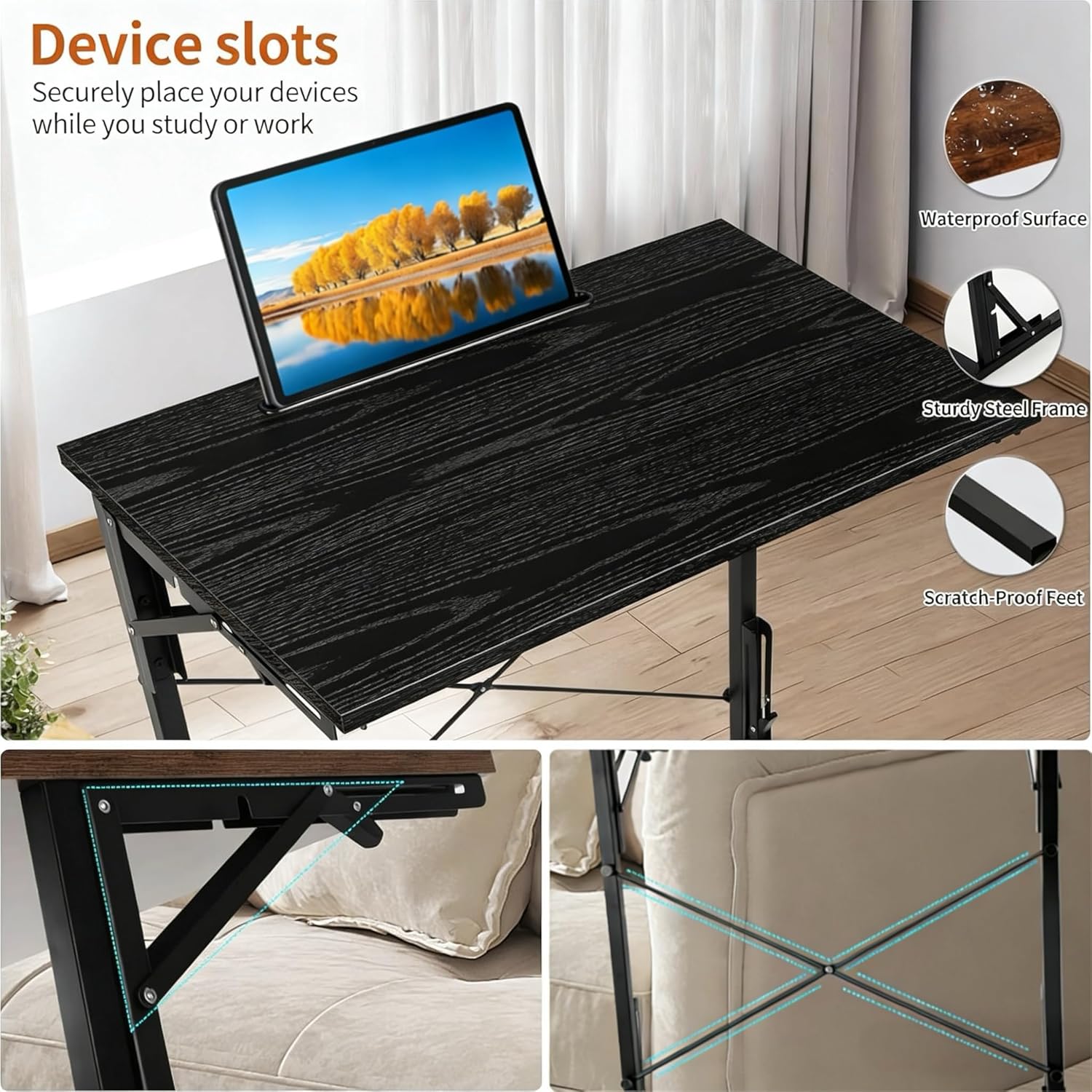 24 inch Foldable TV Tray Table, Foldable Portable C-Shaped Sofa end Table, Oversized Sofa Side Laptop Desk, Suitable for Living Room and Bedroom (2, Black)
