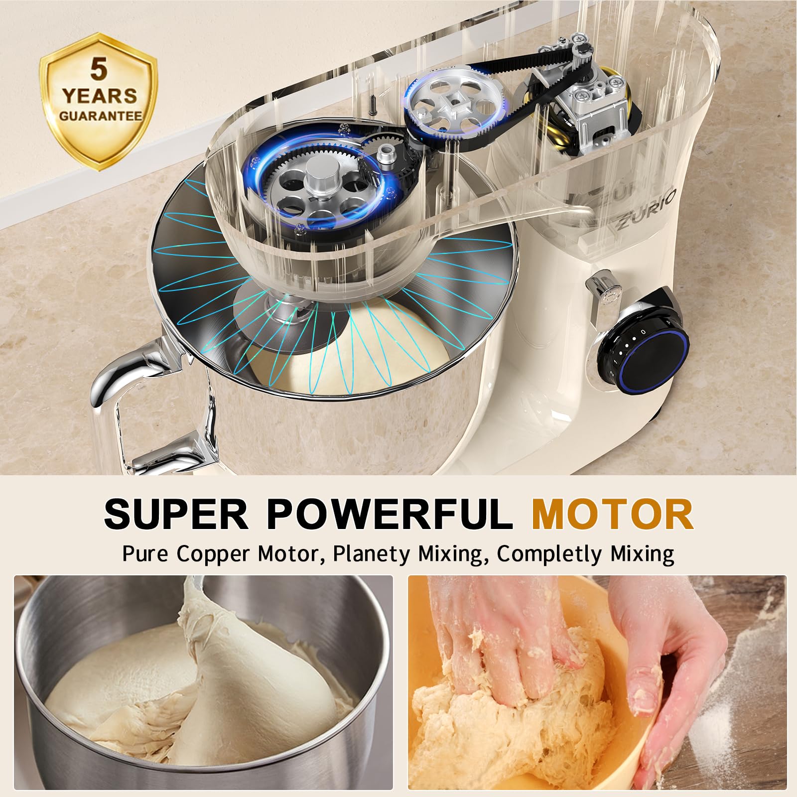 Robot Patissier 1300w Zurio 5.5L Batteurs Et Robots Portable à 10 Vitesses Avec Fonction De Silencieuse, Avec Accessoires Crochet à PâTe, Fouet, PéTrin Argent (Cream)