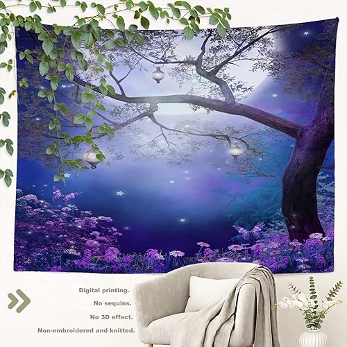 Miniatura 3 de BaoNews Tapiz morado con estrellas de flores prado con un árbol de hadas mantel grande de poliéster para colgar en la pared para dormitorio