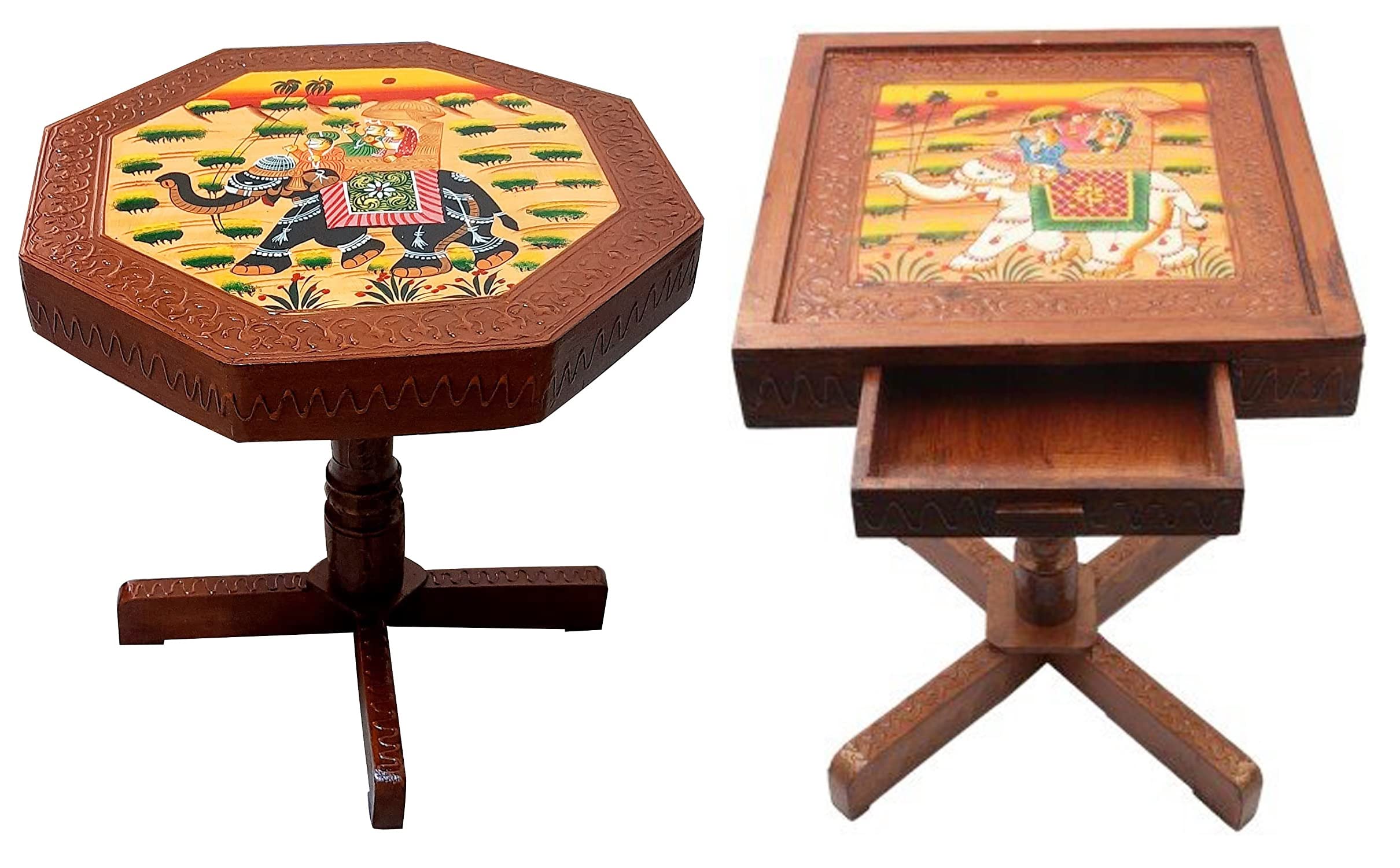 SAARTHI Rajasthani Dhola Maru Handmade Wooden Ethinic Antique Designer Dhola Maru Folding Table and Drawer Table for Home| Decor| Office| Garden| Outdoor| Indoor| Balcony| Launge| Lawn| Cafe| Bar| Living Room| Bedroom Room| Childern Room Decor| Outdoor Sitting , Multicolour (1 Drawer Table + 1 15 Inch Elephant Table)-image-7