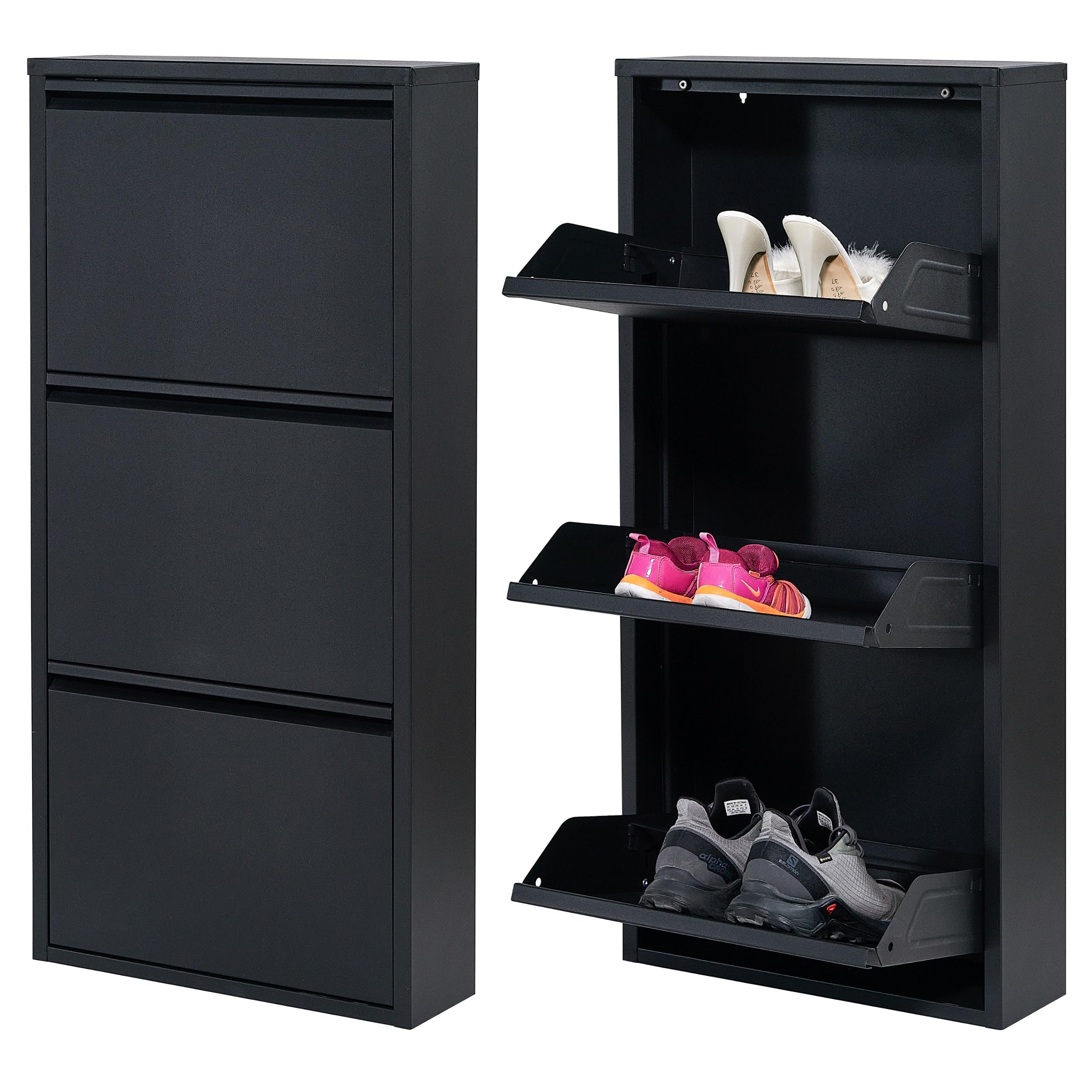 Atahome Slim Shoe Cabinet Narrow Shoe Storage Cabinet for hallway wall mounted thin flip down Tall Metal Shoe Rack Storage Organiser Shoe cupboard Indoor Assos 3-Drawer (Black)