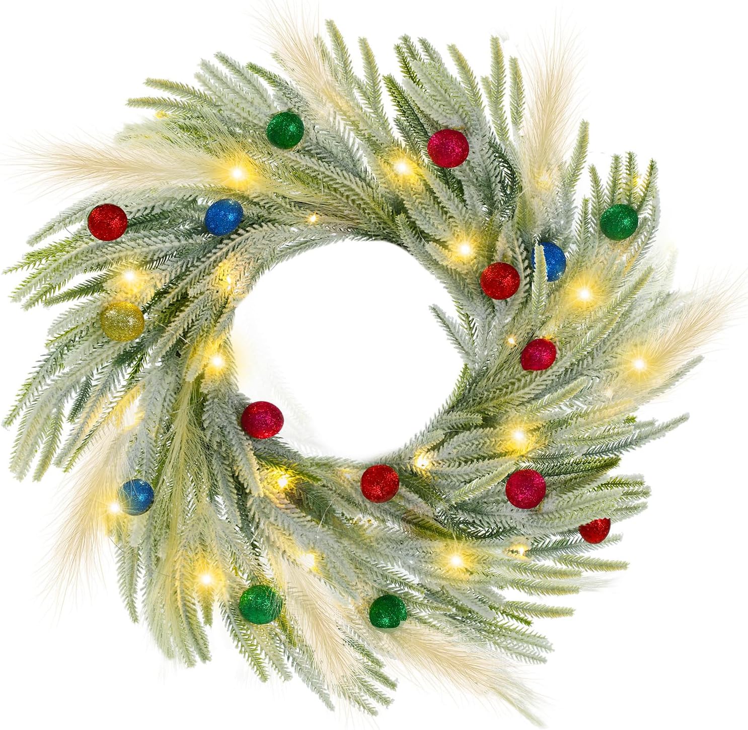 Chuangdi 24 Inch Lighted Christmas Norfolk Wreath Pine and Pampas Pre Lit Wreath with Multicolor Ball Battery Operated Christmas Wreath for Front Door Outdoor Christmas Decor, Not Included Battery