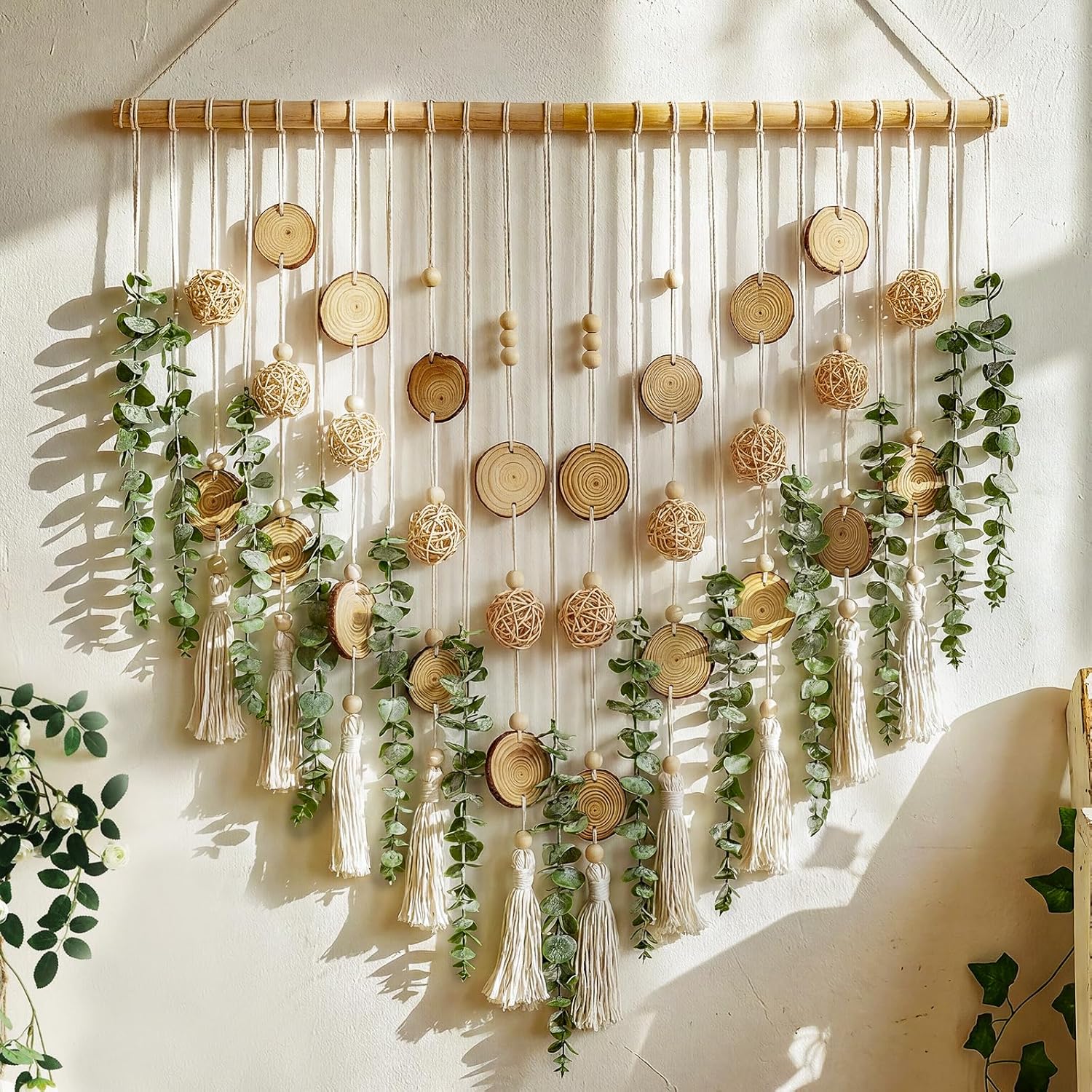Artificial Eucalyptus Wall Decor Hanging, Boho Bathroom Wall Decor, Fake Greenery Leaves Stems with Wicker Balls Tassels on 33.1" Stick, for Living Room, Bedroom, Kitchen, Home Office
