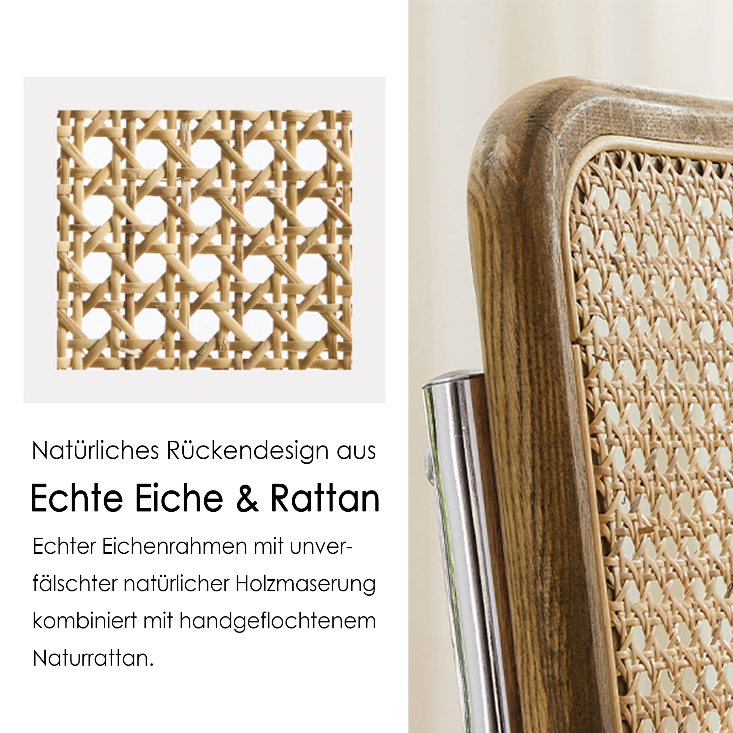 Zouron Stühle 4er Set Schwingstuhl mit echt Eichenholz - Wiener Geflecht Küchenstühle, Gelbbraun Rattan Stuhl Freischwinger Stühle, Kunstledersitz Metallgestell Esszimmerstühle Rocking Chairs