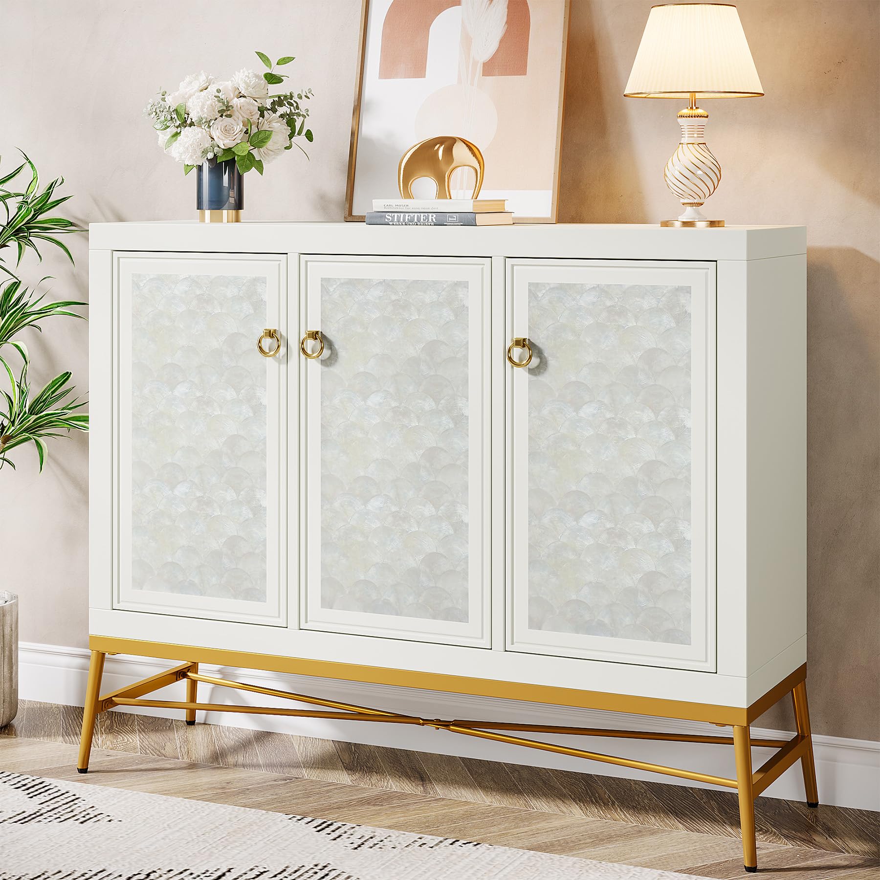 TribesignsModern Sideboard Buffet Cabinet with Storage, 45" White Kitchen Cabinet with 3D Printed Shell Finish, Luxury Coffee Bar Cabinet with Adjustable Shelves for Dining Room, Living Room
