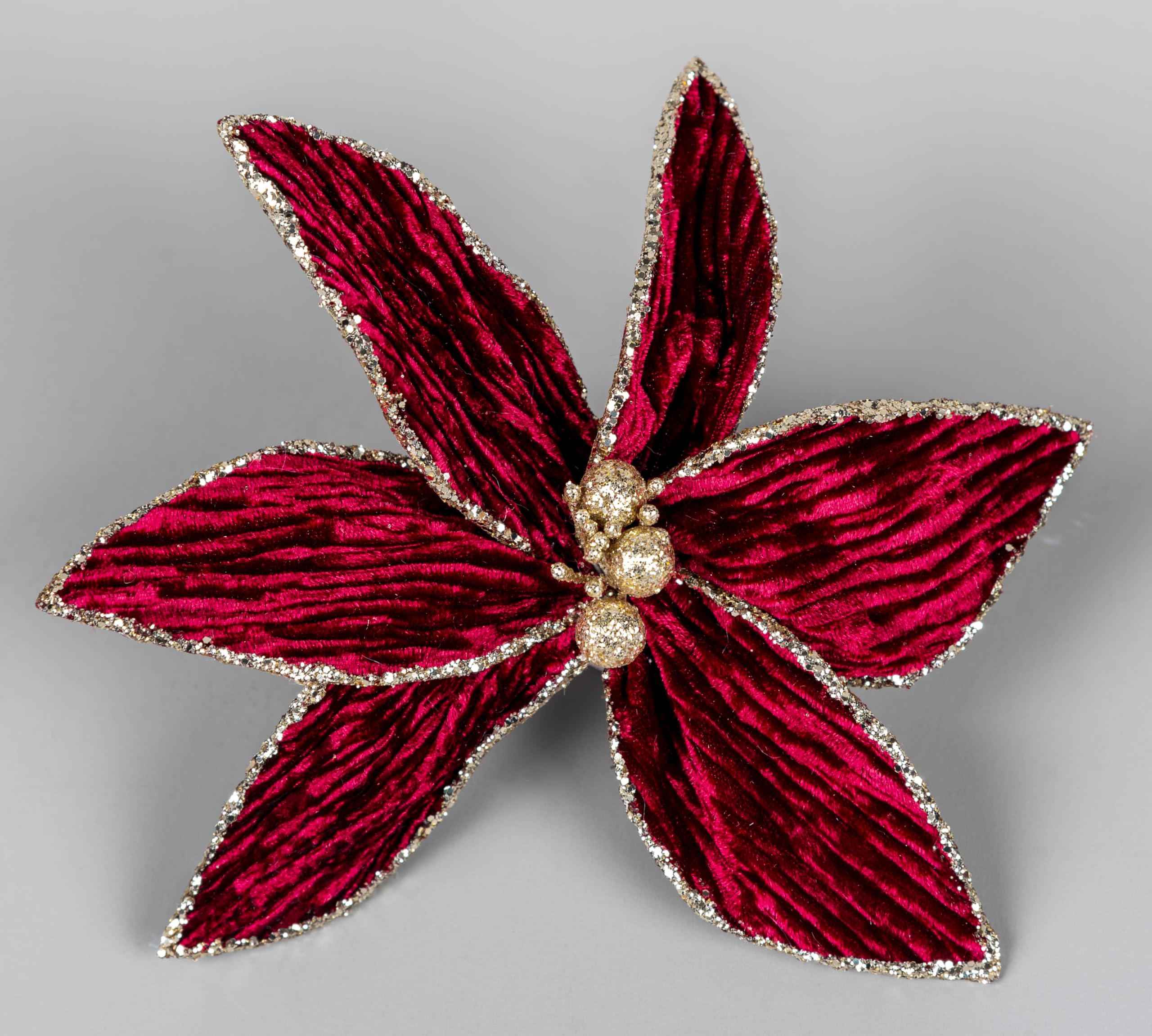 SHATCHI 16cm Deluxe Christmas Glitter Poinsettia Burgundy Gold Velvet Artificial Flower with Metal Clip Christmas Tree Decorations Wedding New Year Ornaments