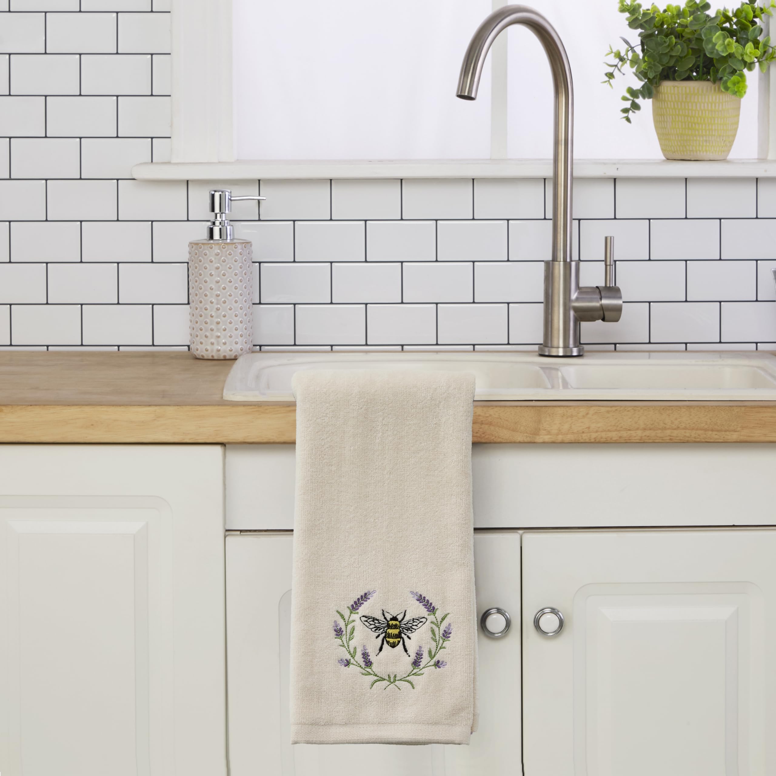 SKL Home Bee Lavender 100% bawełna haftowany 2 szt. zestaw ręczników do rąk, dekoracyjny do wanny/kuchni/baru i na prezent, naturalny