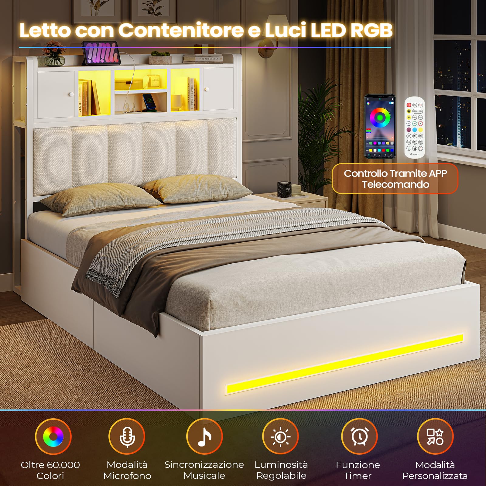 AOGLLATI Letto Contenitore 90x200 cm con Sollevamento Idraulico, Letto Singolo con Luci LED e Porta USB, Sommier a Doghe in Legno, Testiera Imbottita Nero con 7 Vani Portaoggetti, Bianco