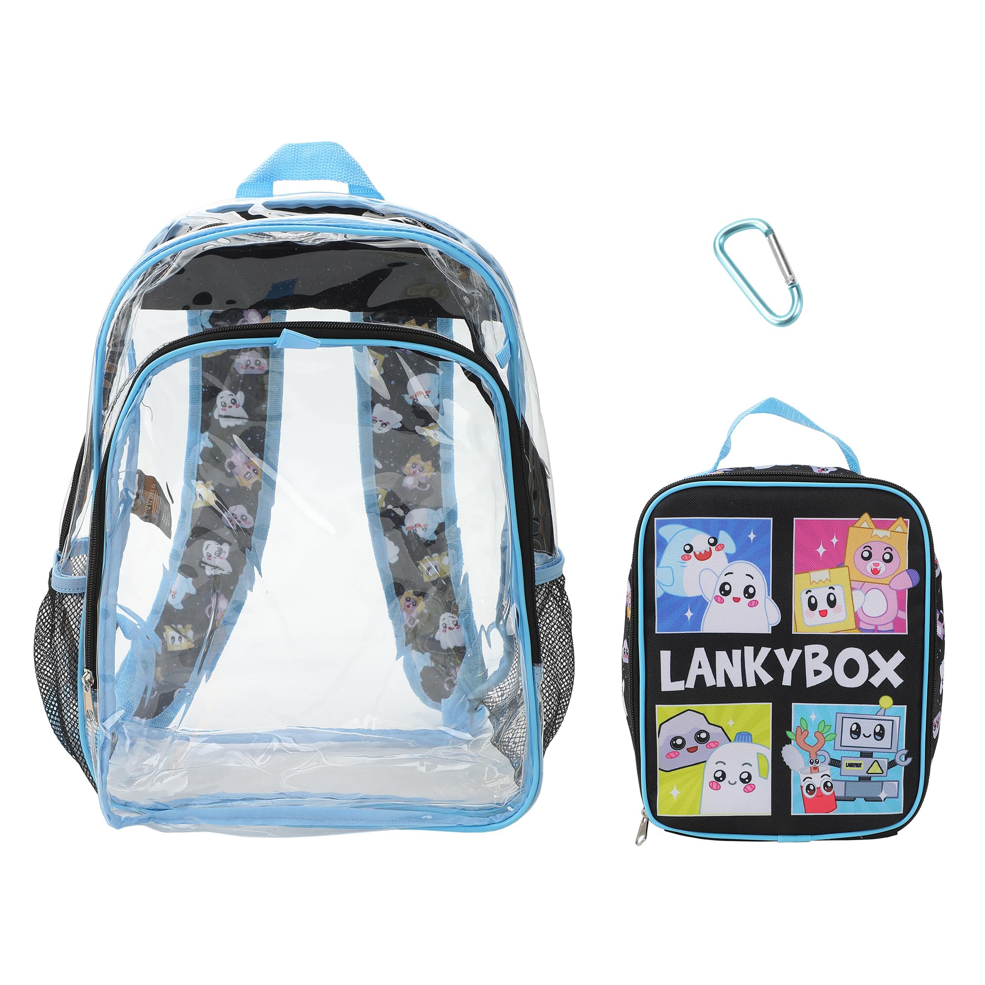 Bioworld Lanky Box Character Grid 16" Clear Backpack & Lunch Kit Value Set for Boys