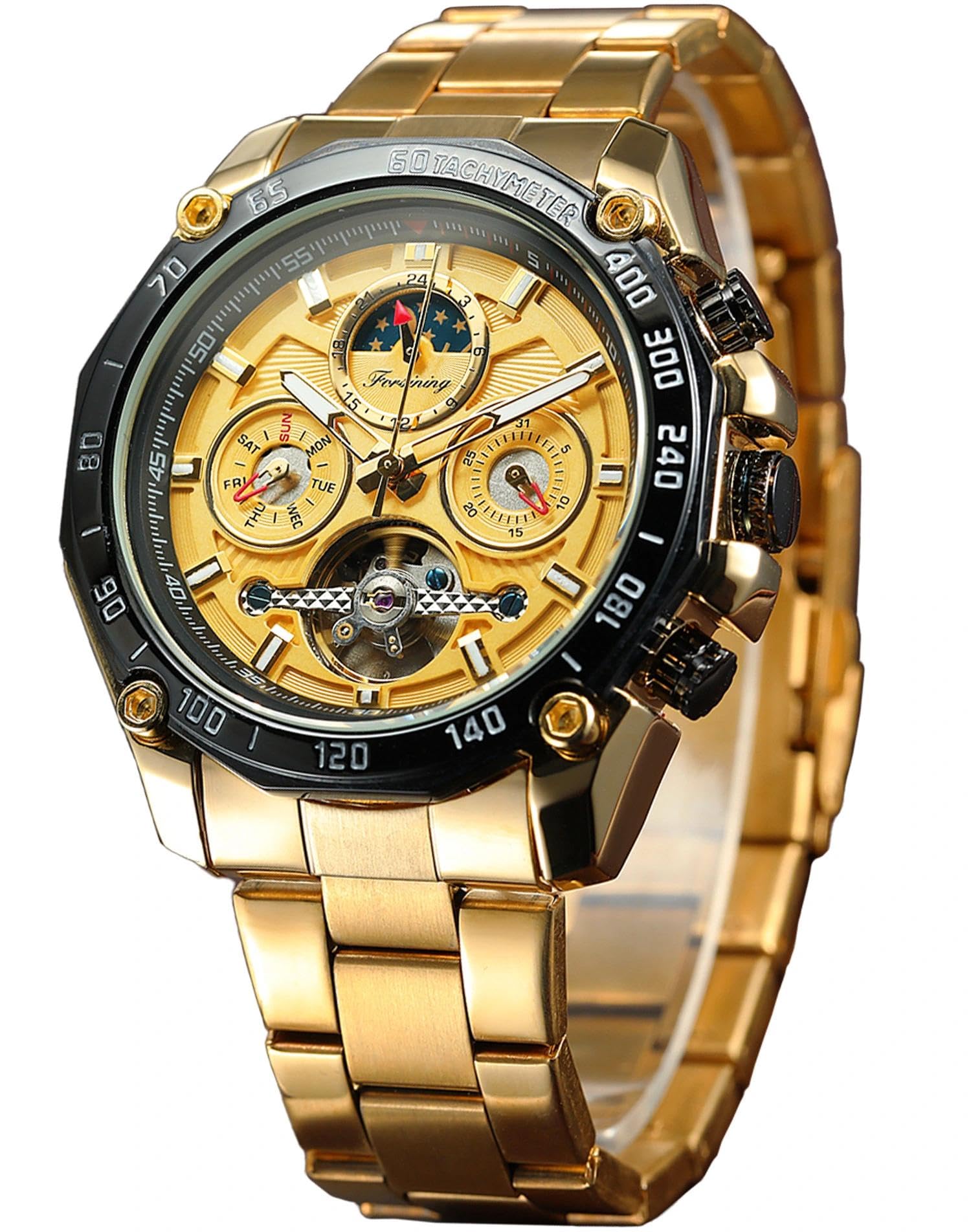 Forsining Tourbillon Herrenarmbanduhr, automatisch, mechanisch, selbstaufziehend, luxuriös, Mondphase, Edelstahl, 44 mm, großes schwarzes Zifferblatt, Goldfarben, Mechanisch