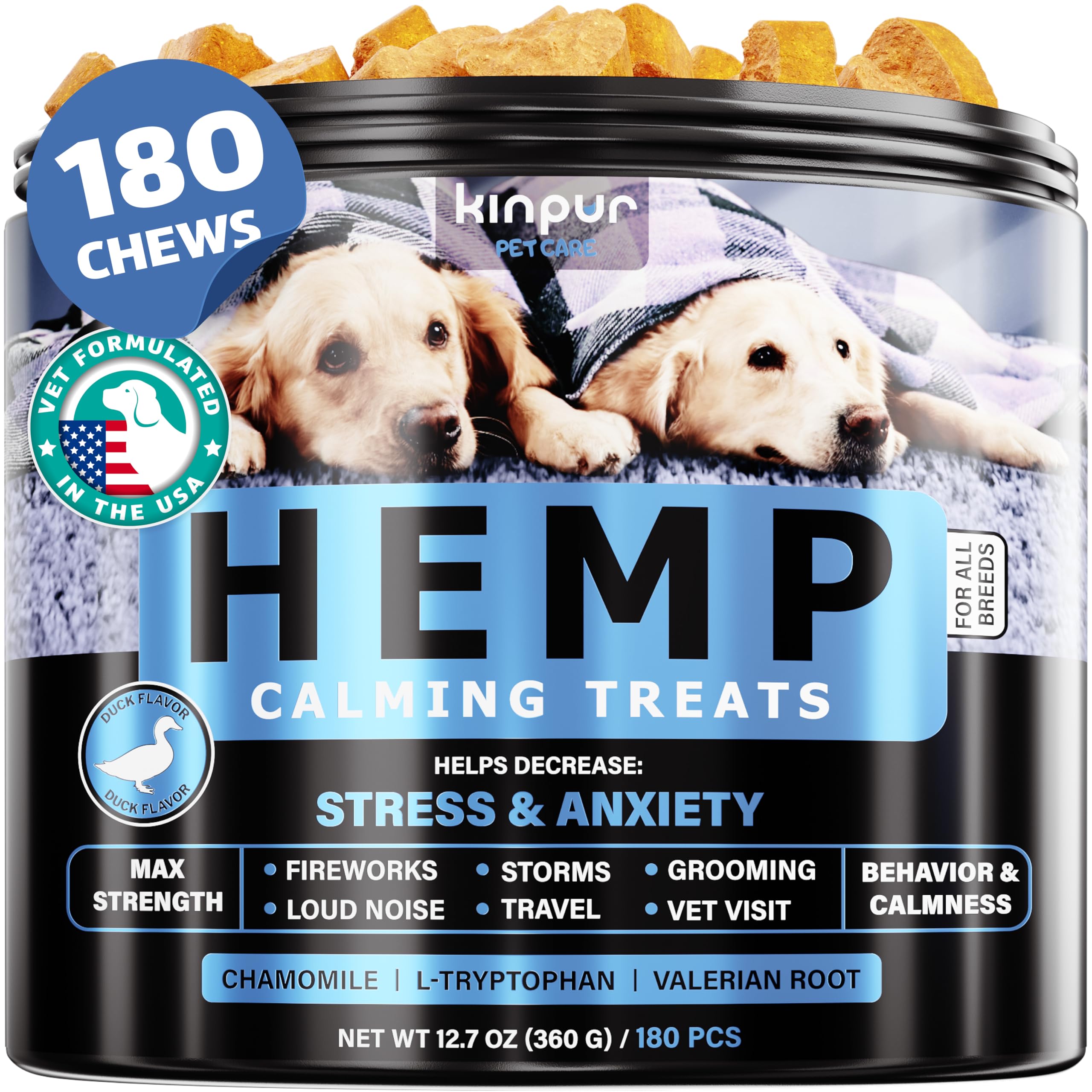 Calming Chews for Dogs with Hemp Oil - Dog Calming Treats with Duck Flavour - Aid During Thunderstorms, Fireworks, Separation, Car Rides - Hemp Dog