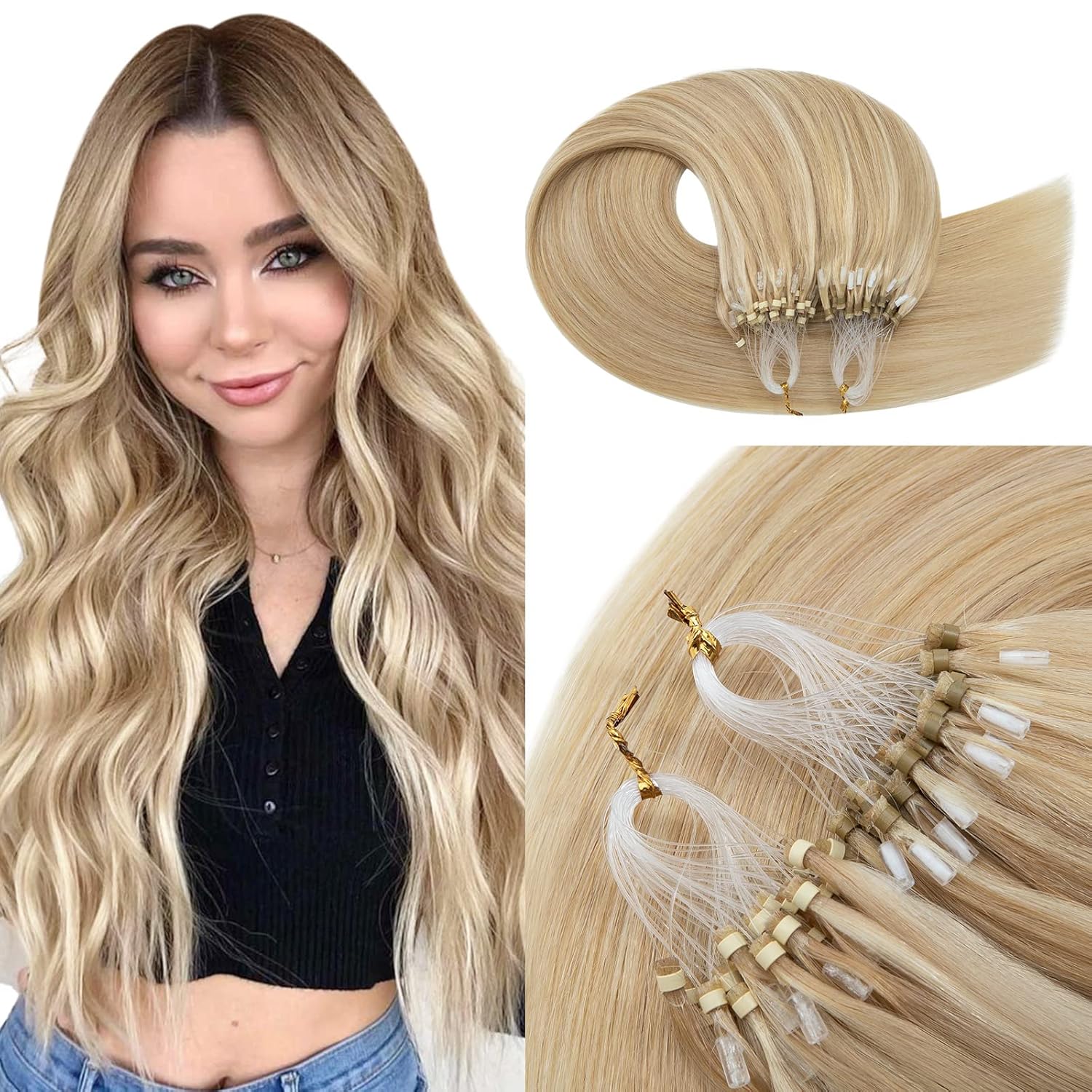 TESSHAIR 16 Inch Microbead Hair Extensions Human Hair