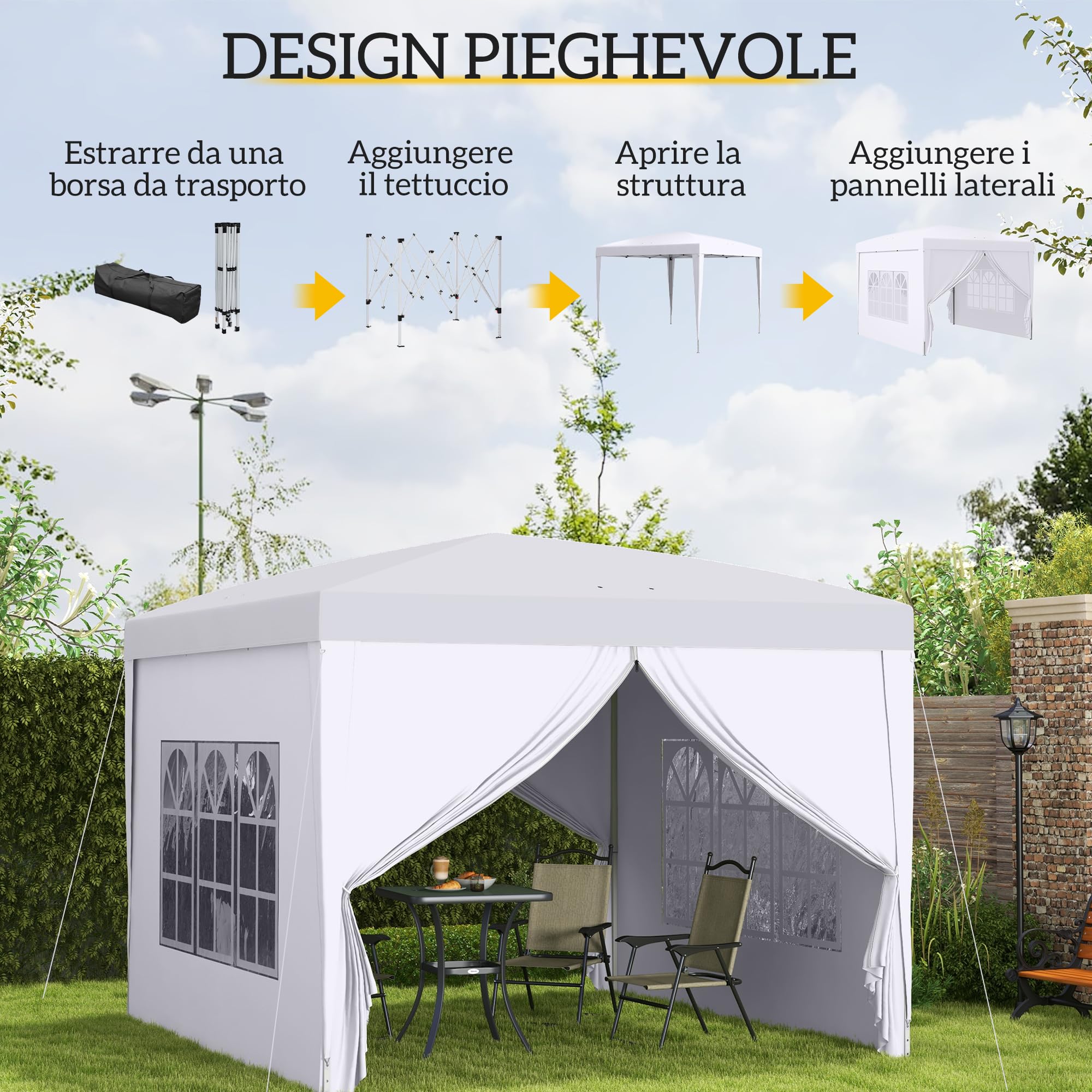 Outsunny Gazebo Pieghevole 3x3 Pop Up con 2 Porte e 2 Finestre, 4 Pannelli Laterali e Borsa da Trasporto, Gazebo da Esterno in Acciaio e Tessuto Oxford, per Giardino, Feste, Campeggio, Bianco