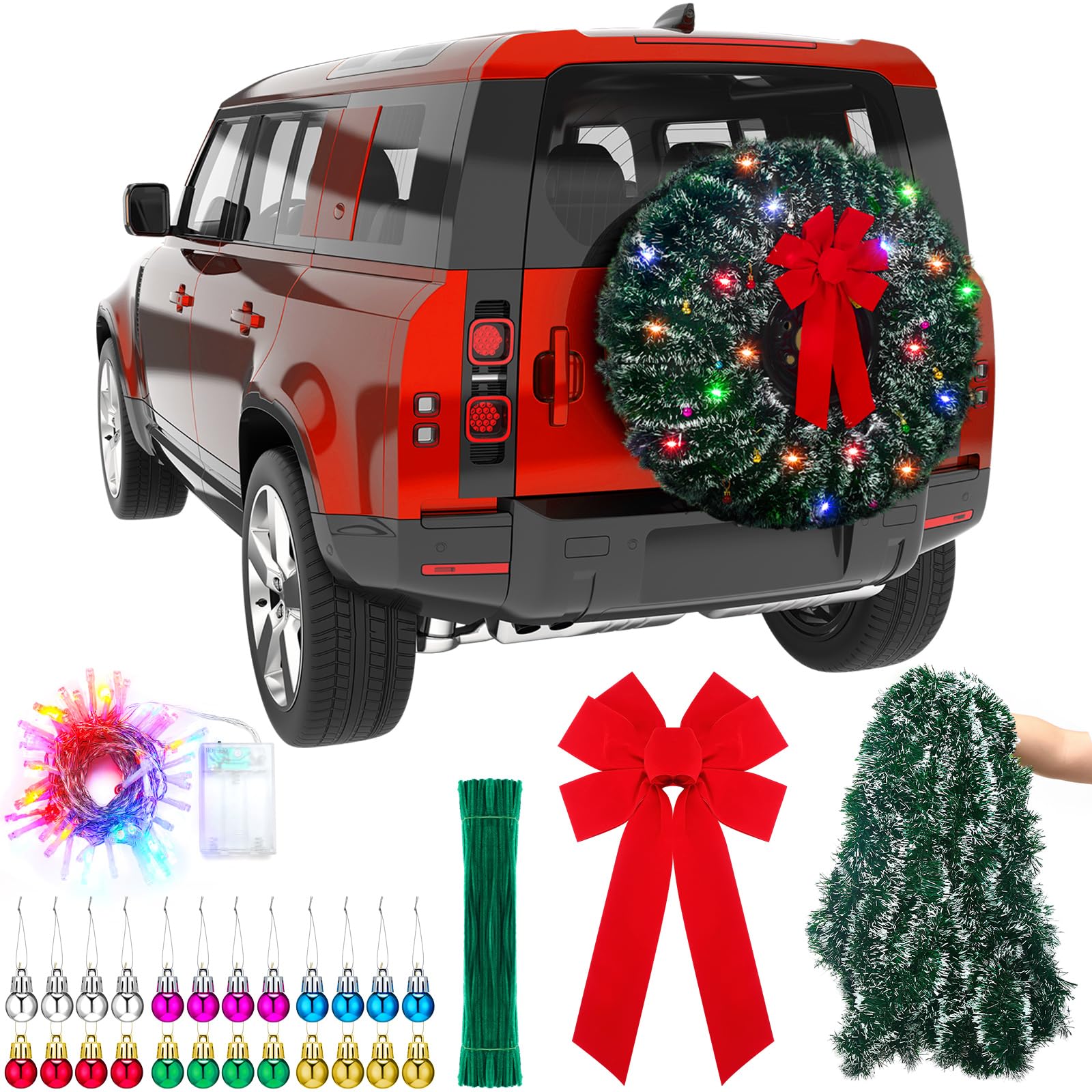 Wavwavw LED Christmas Car Spare Tire Decoration Make Your Own Truck Wreath 196.8 ft Tinsel Garland 24 Pcs Christmas Balls Ornaments Battery Operated